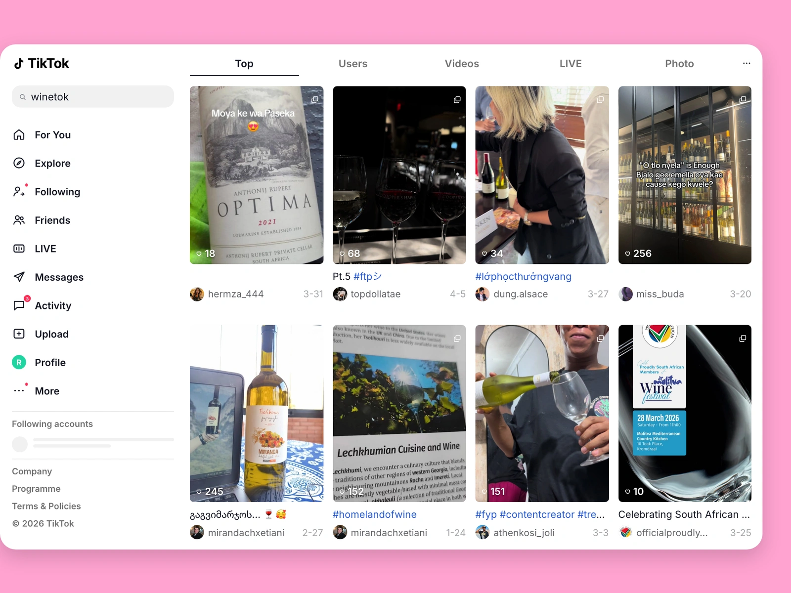 TikTok search results for wine content