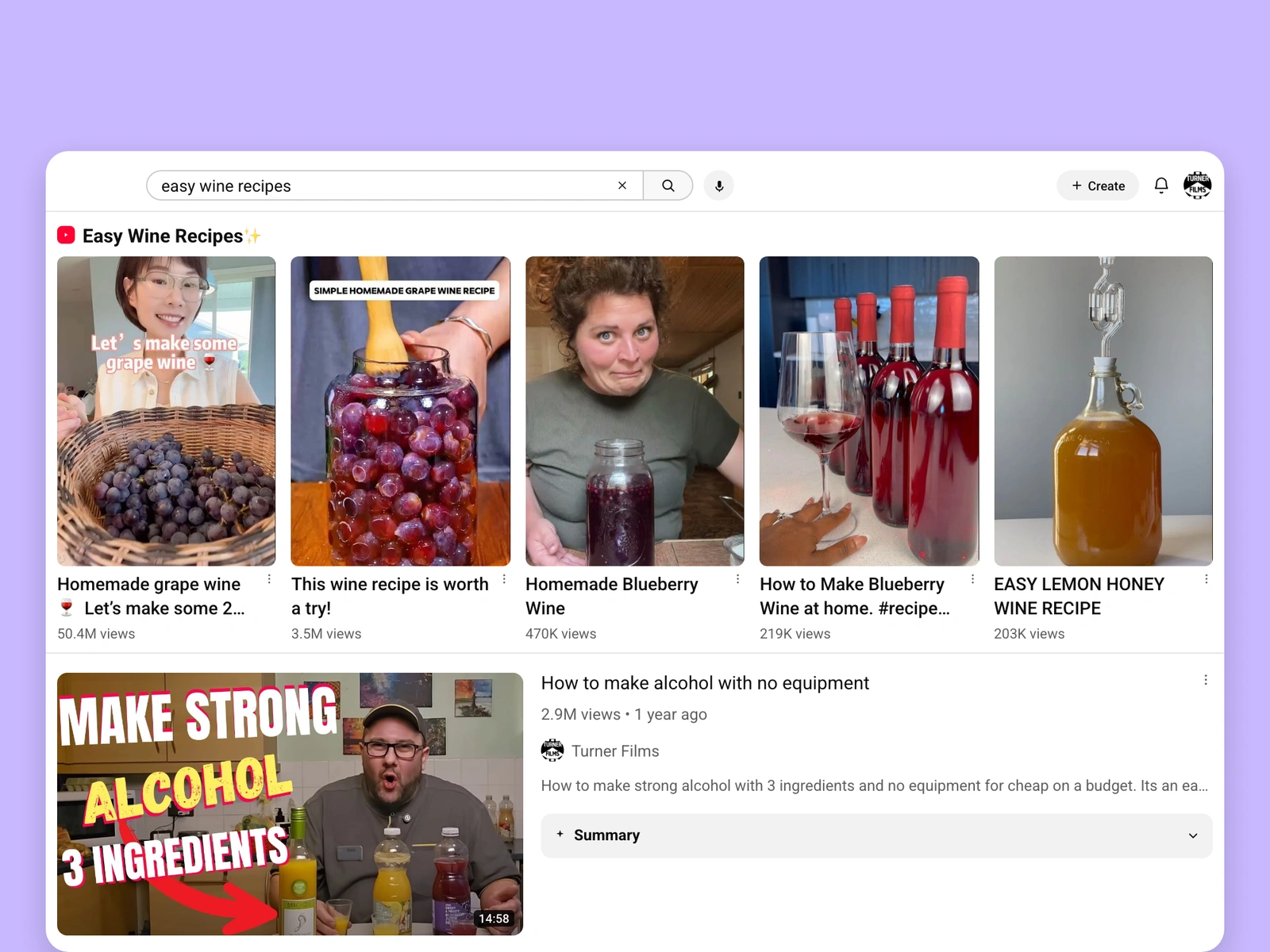 YouTube search results for wine videos