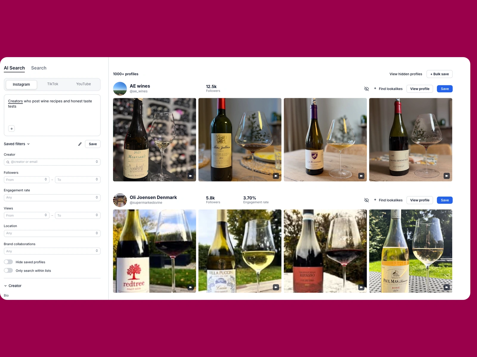 Modash AI search for wine creators