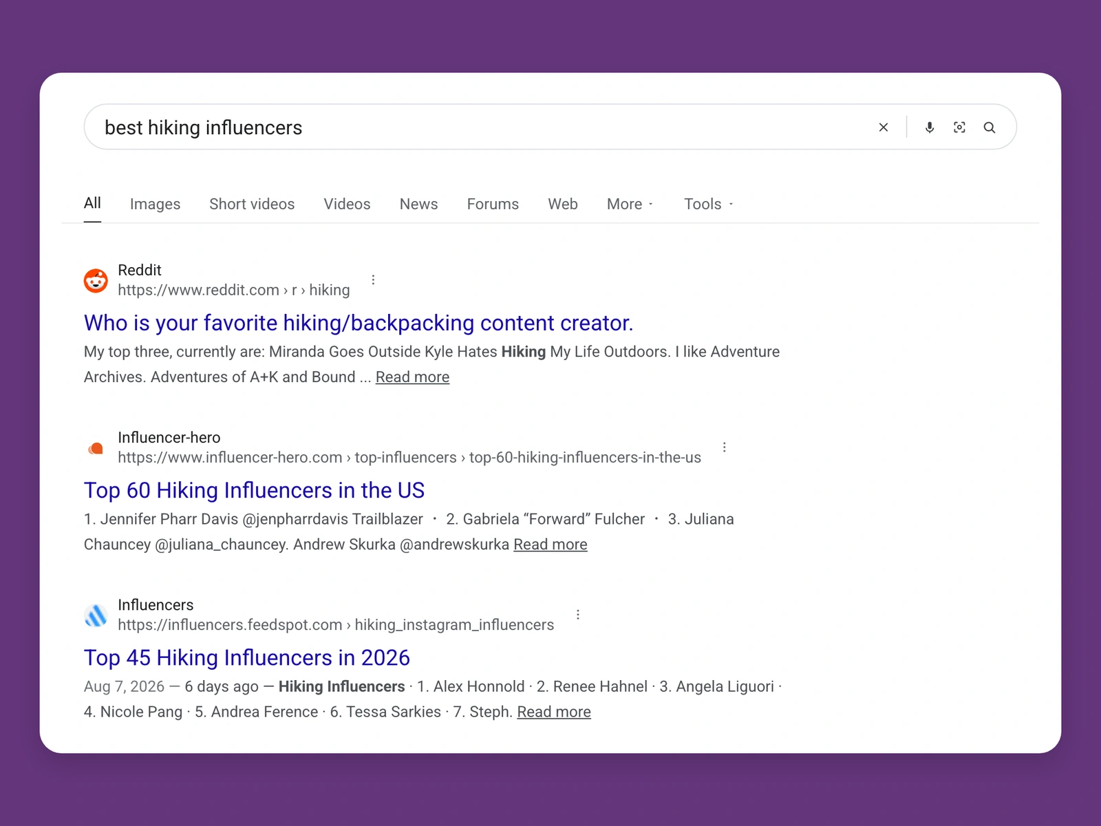 Google results for best hiking bloggers