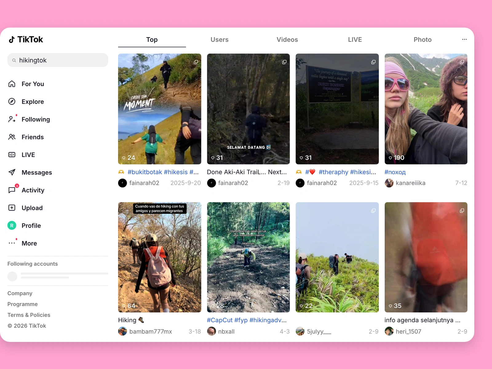 TikTok search results for hiking content