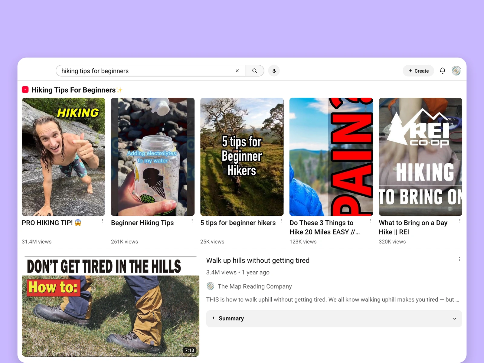 YouTube search results for hiking videos