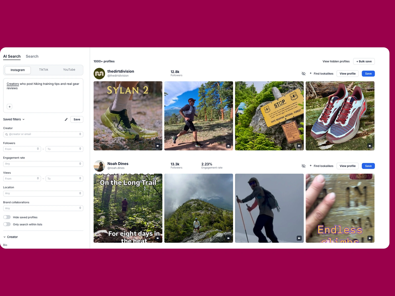 Modash AI search for hiking creators