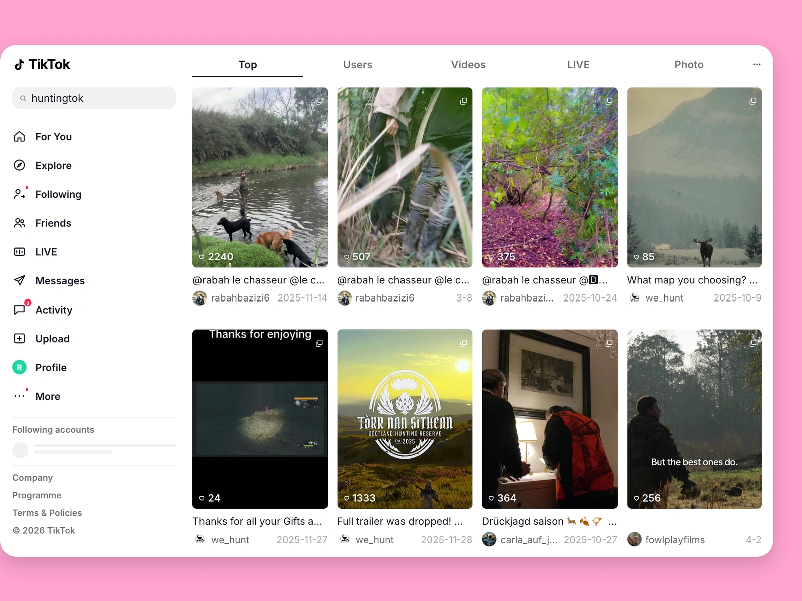 TikTok search results for hunting content
