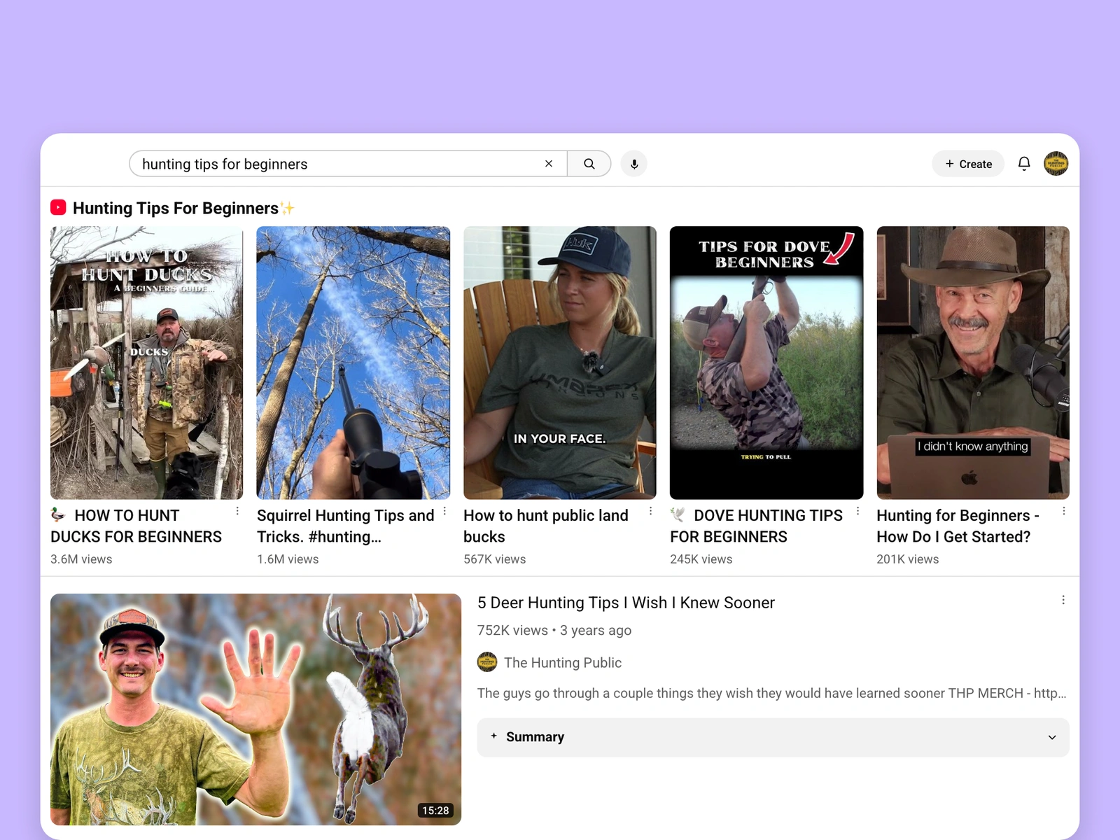 YouTube search results for hunting videos