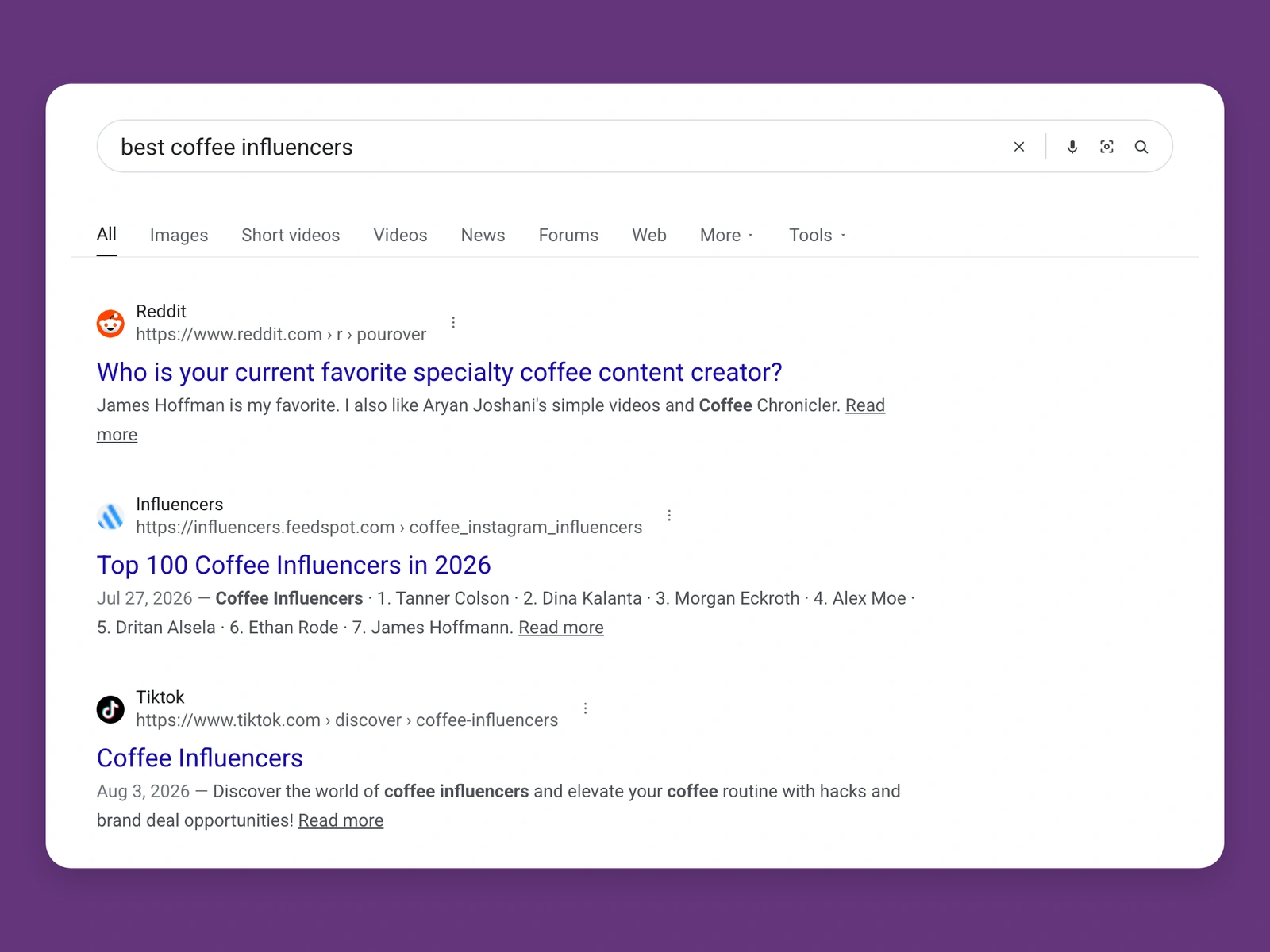 Google results for best coffee bloggers