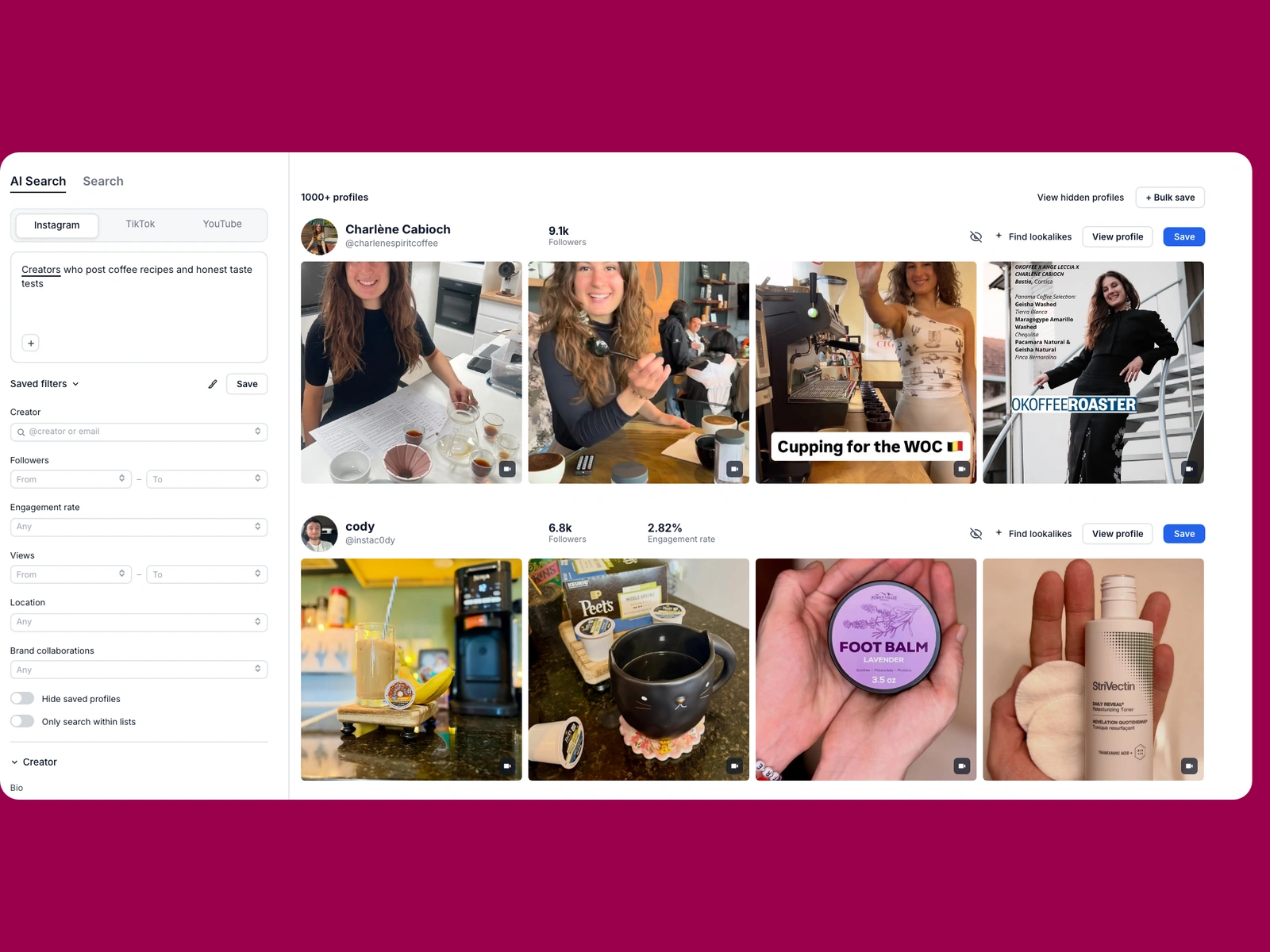 Modash AI search for coffee creators