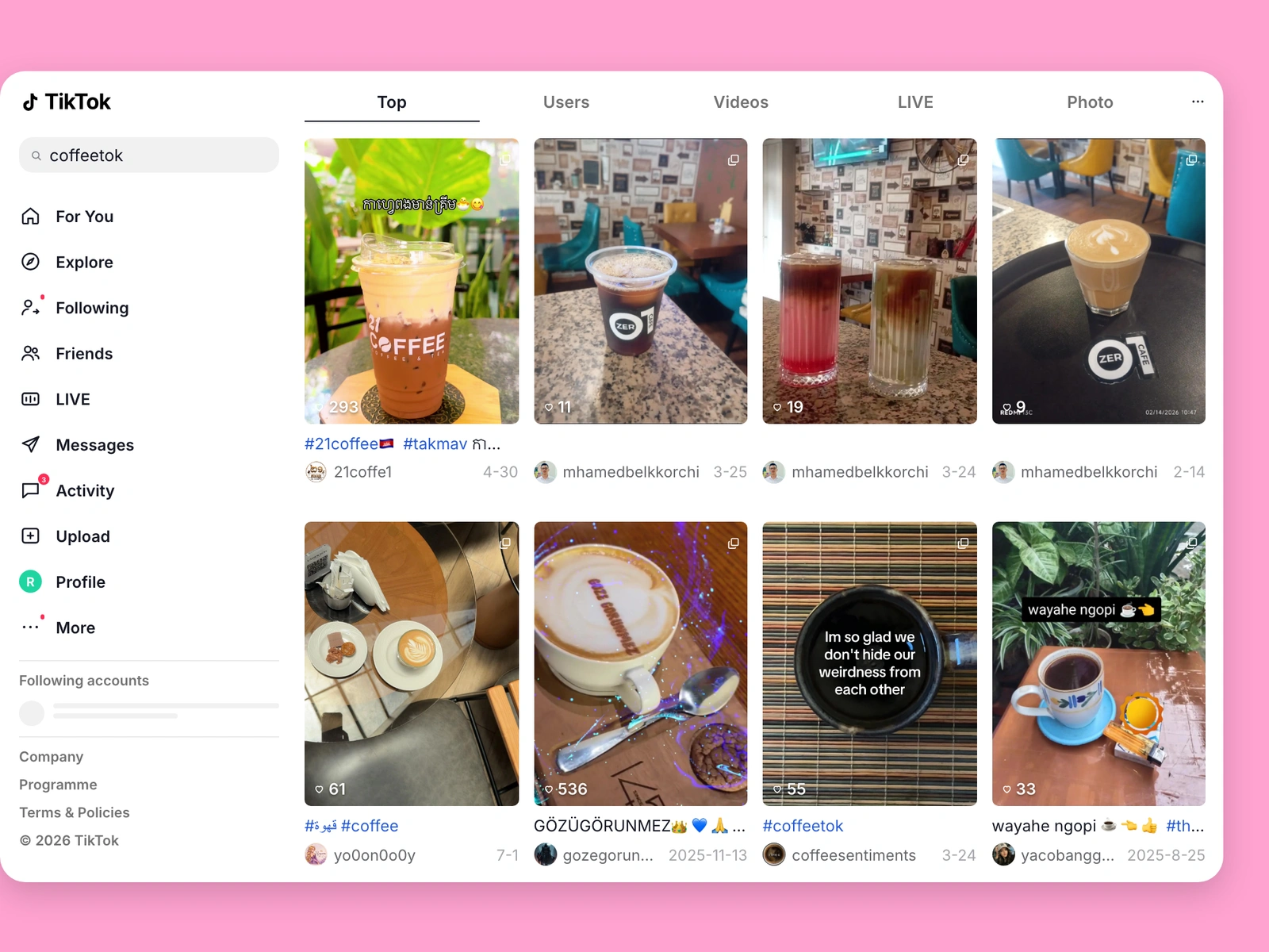 TikTok search results for coffee content