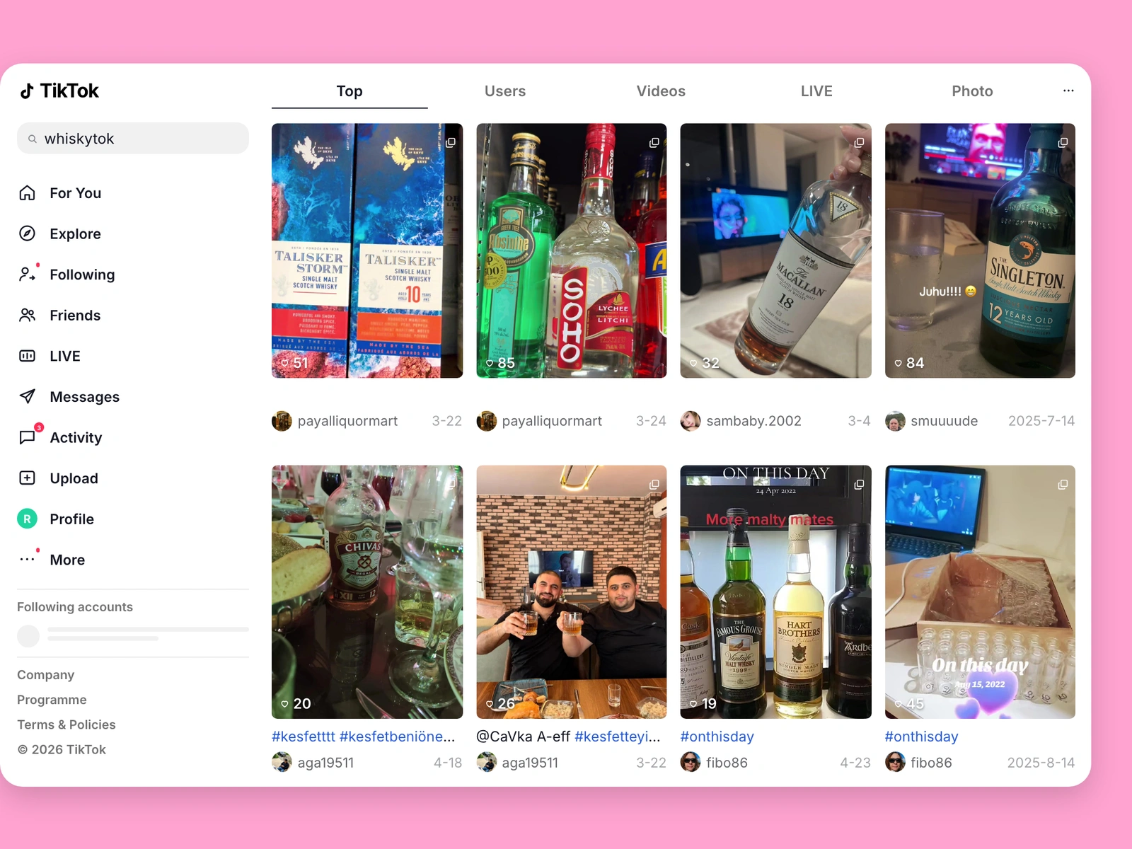 TikTok search results for whisky content