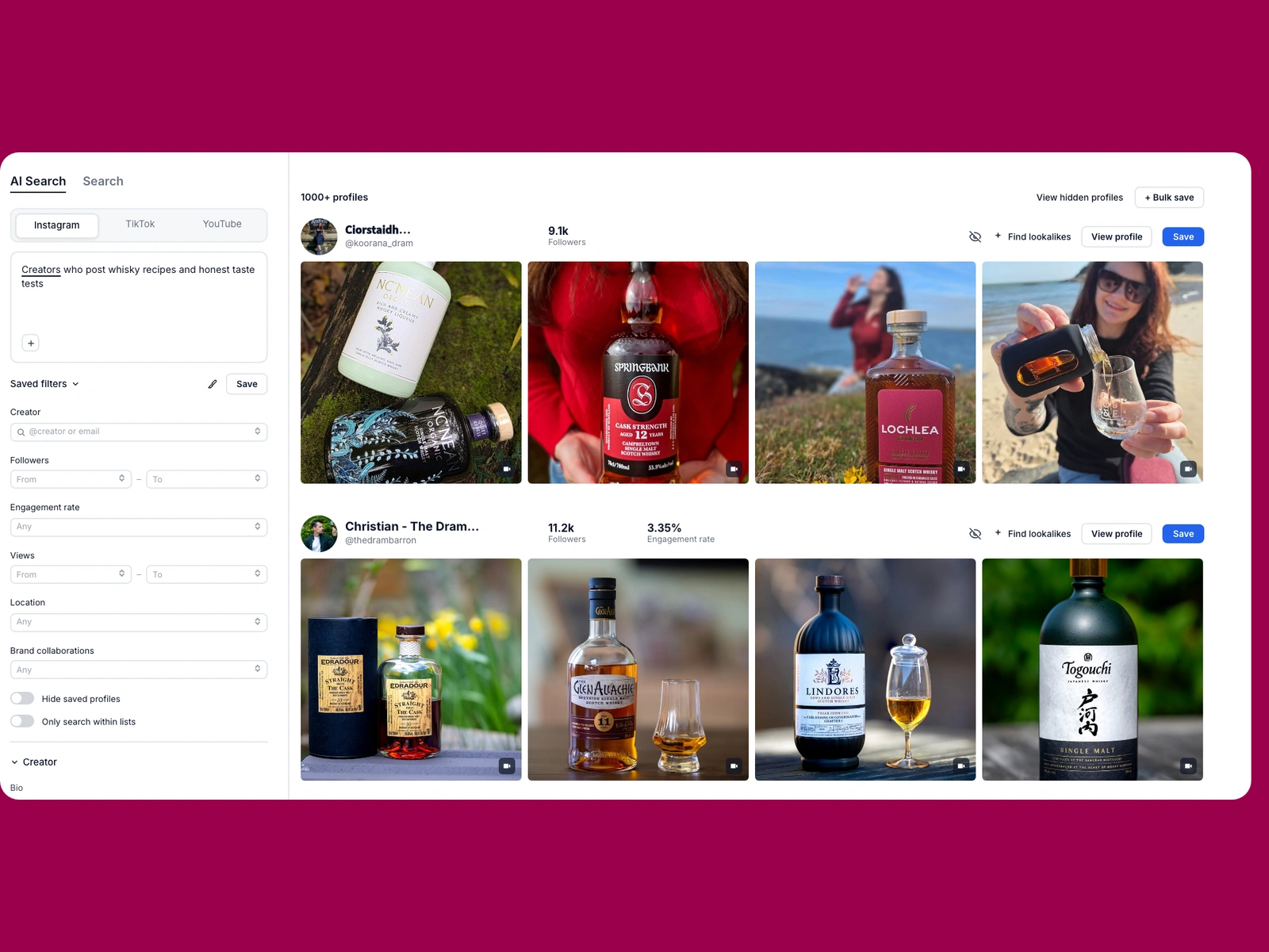 Modash AI search for whisky creators