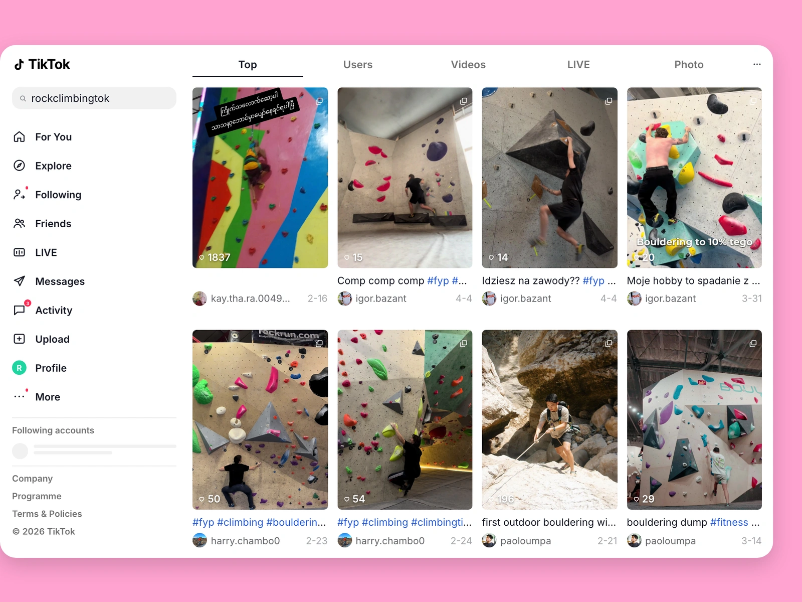 TikTok search results for rock climbing content