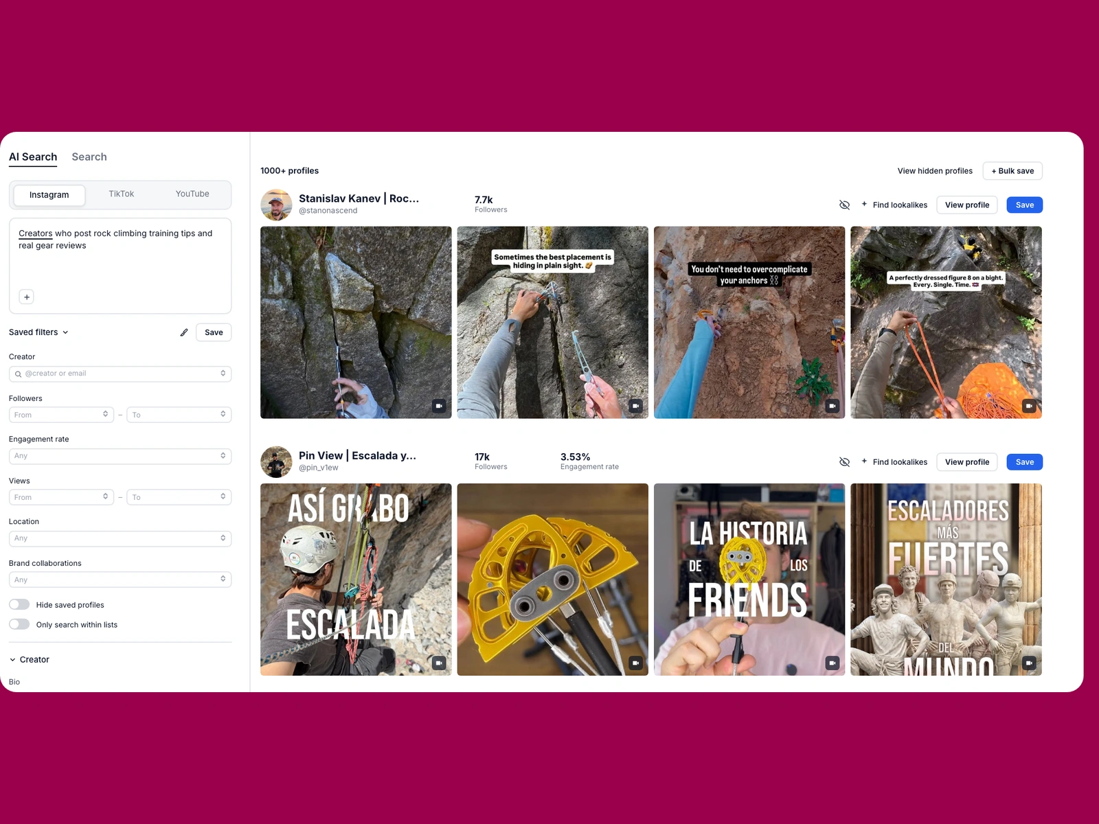Modash AI search for rock climbing creators