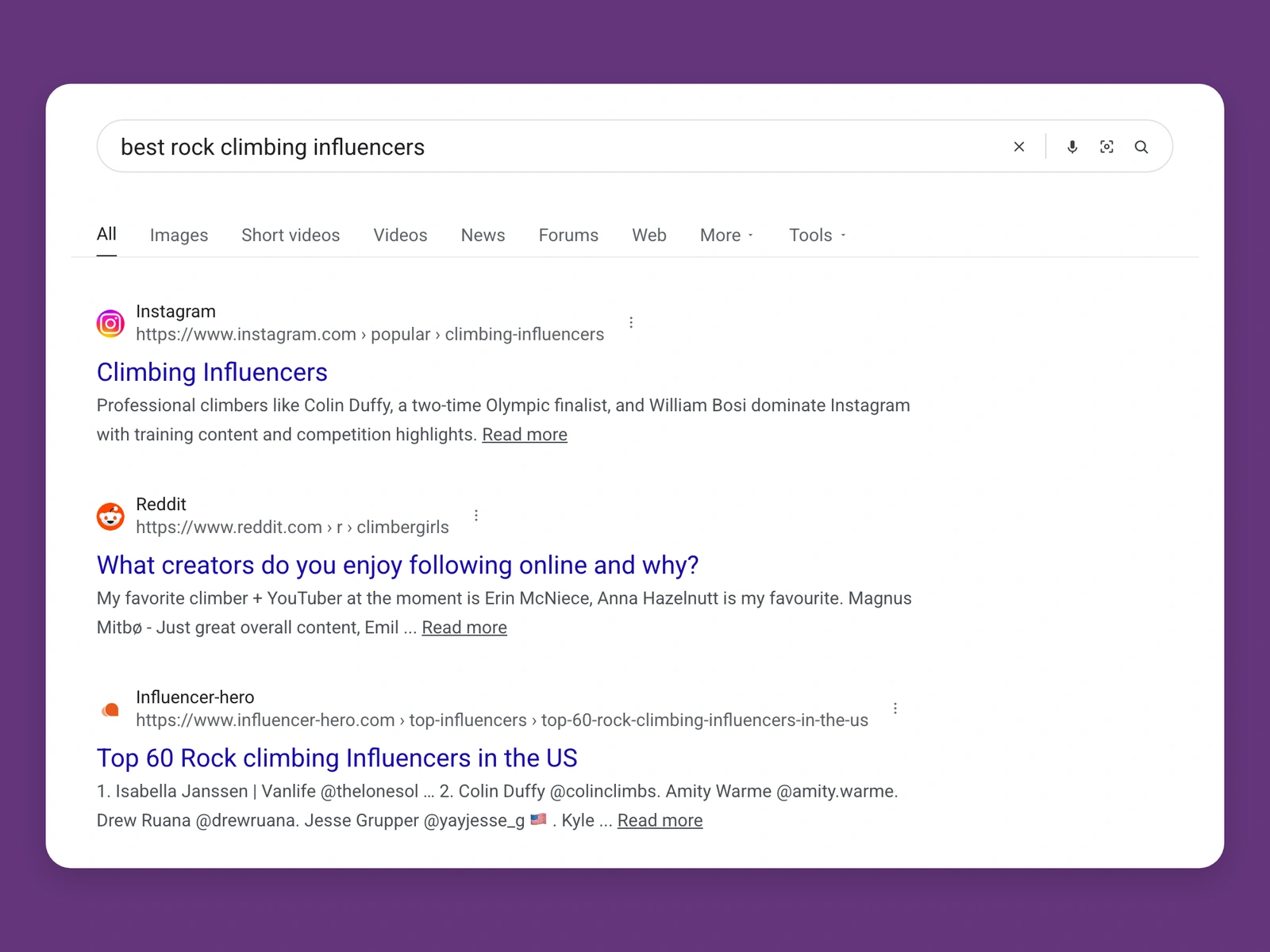 Google results for best rock climbing bloggers