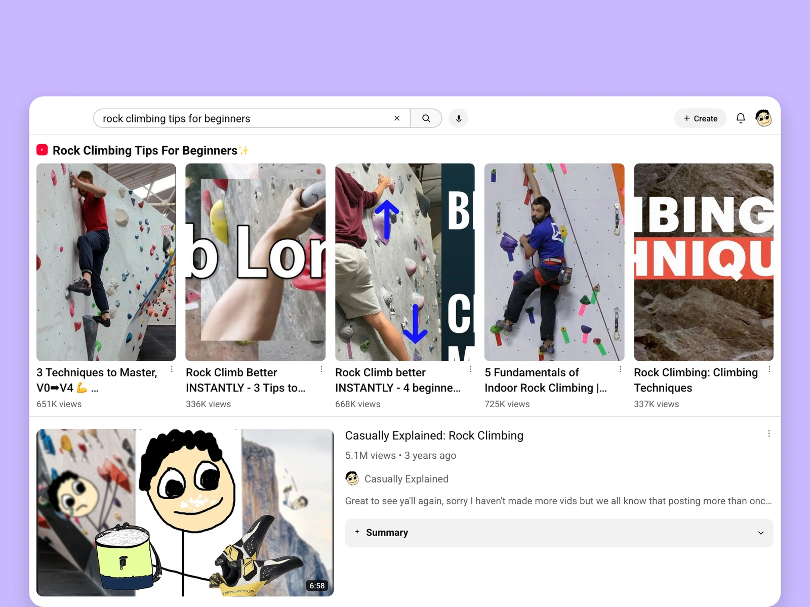YouTube search results for rock climbing videos