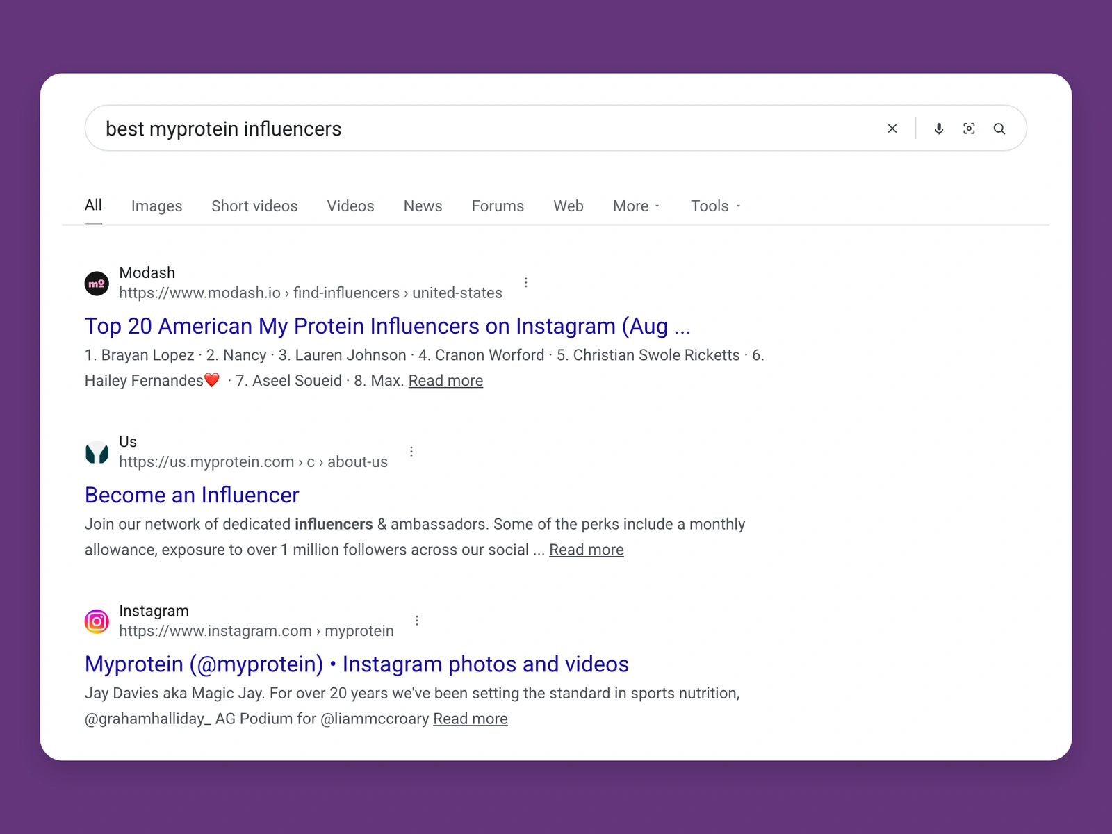 Google results for best myprotein bloggers