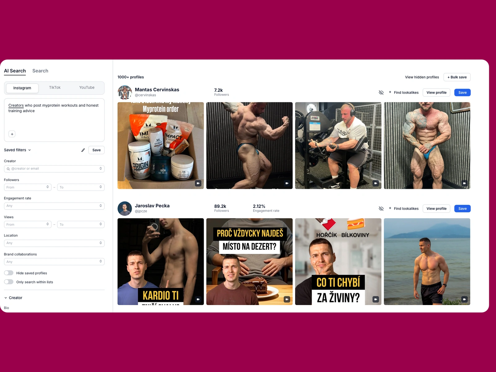 Modash AI search for myprotein creators
