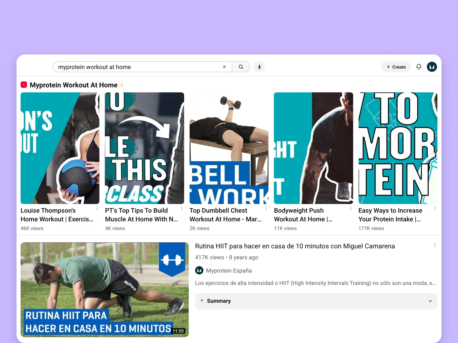 YouTube search results for myprotein videos