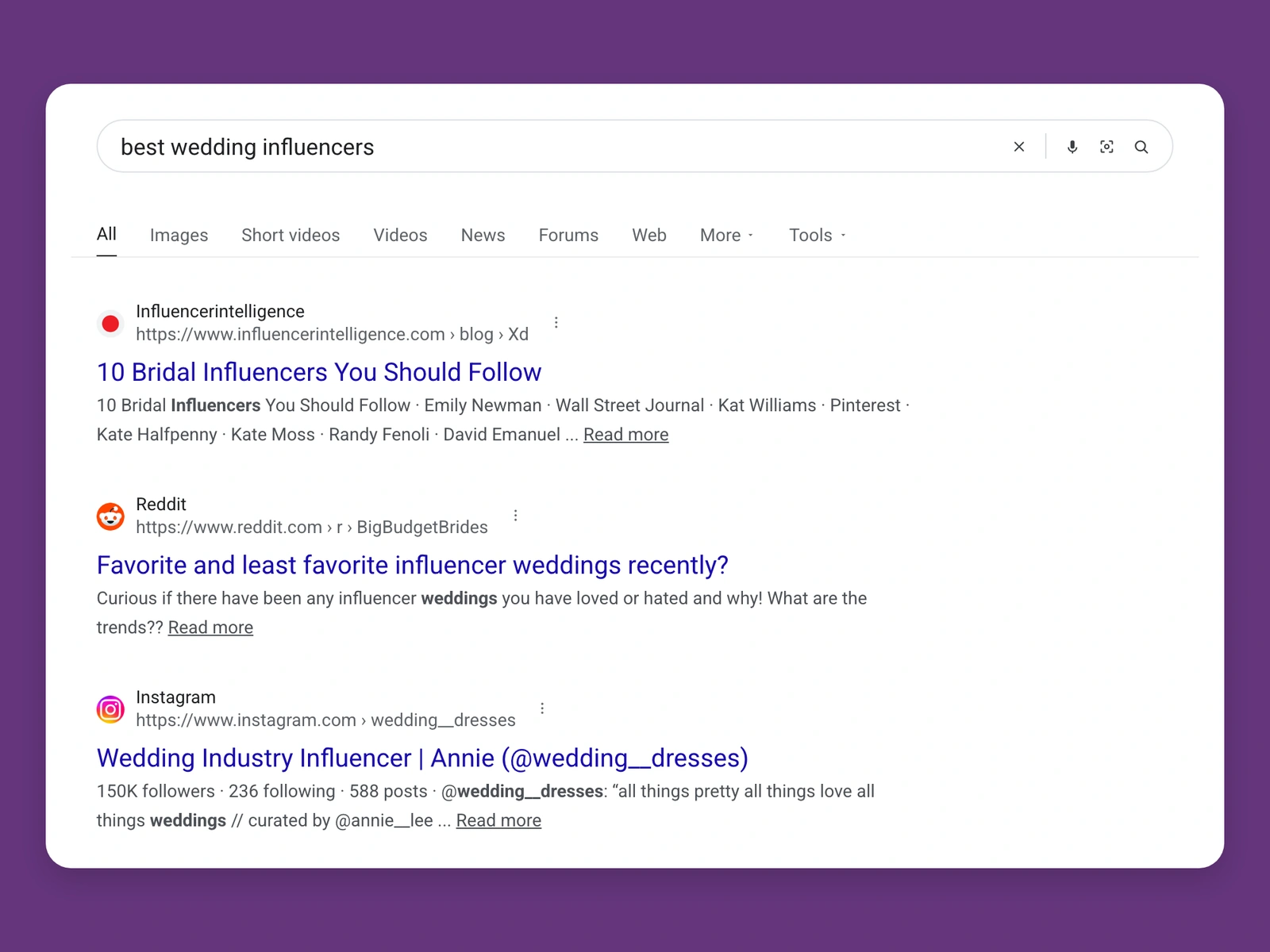 Google results for best wedding bloggers