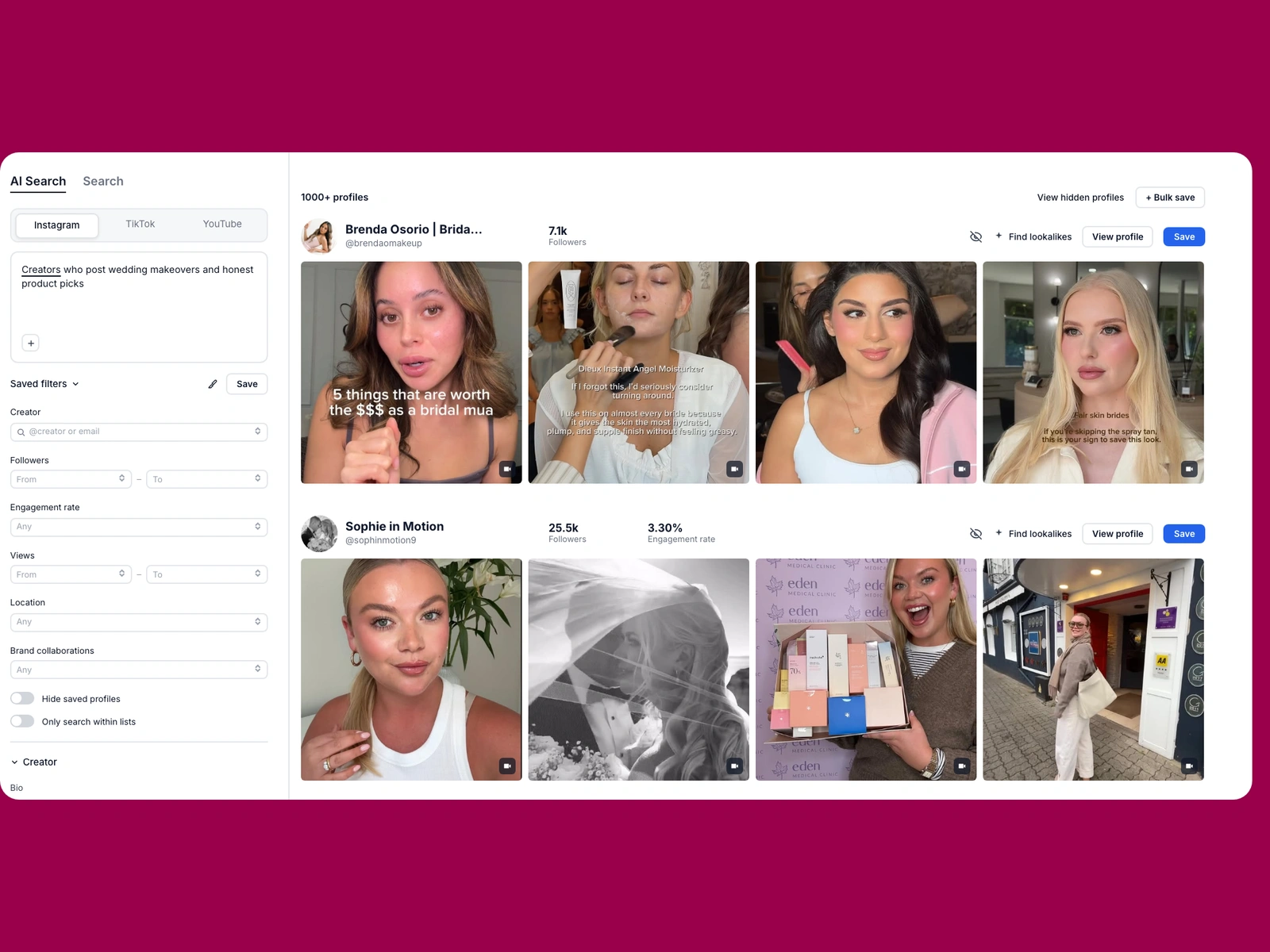 Modash AI search for wedding creators