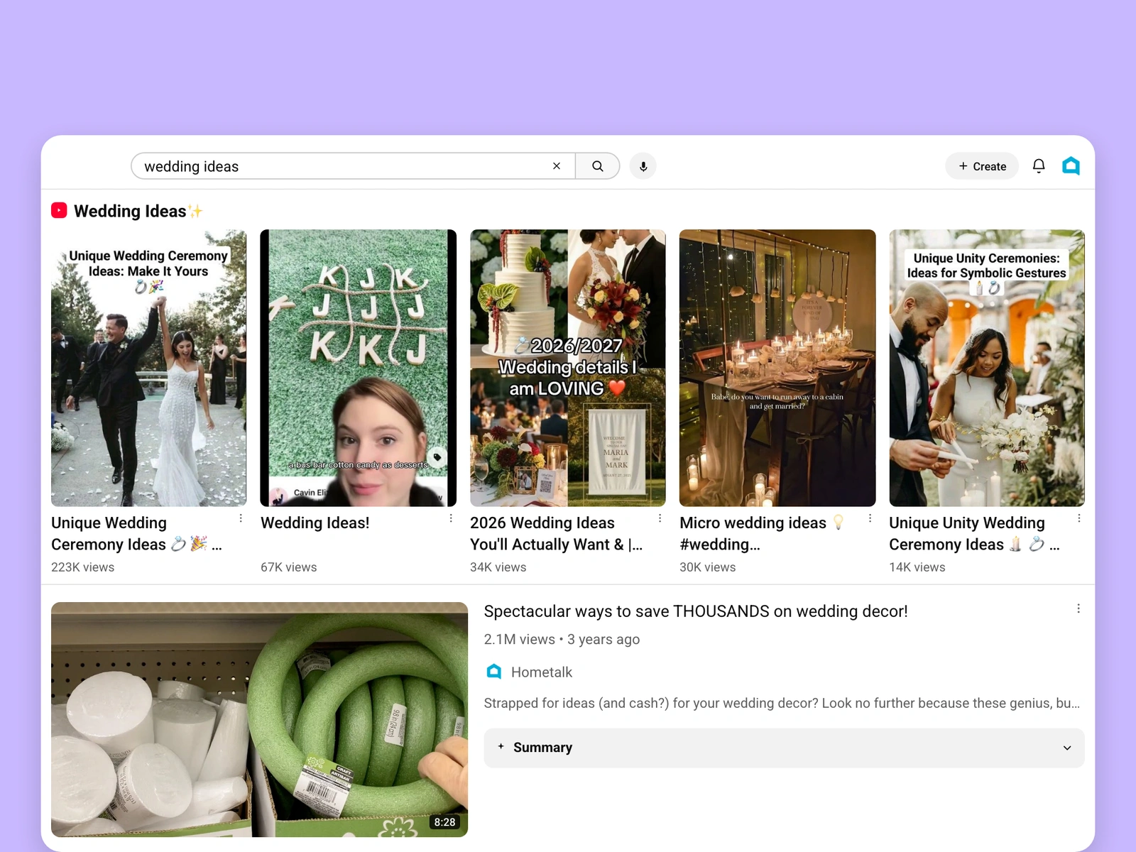 YouTube search results for wedding videos
