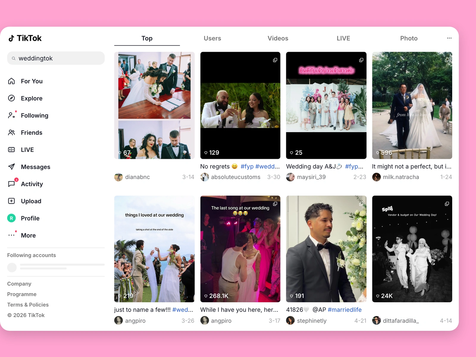 TikTok search results for wedding content
