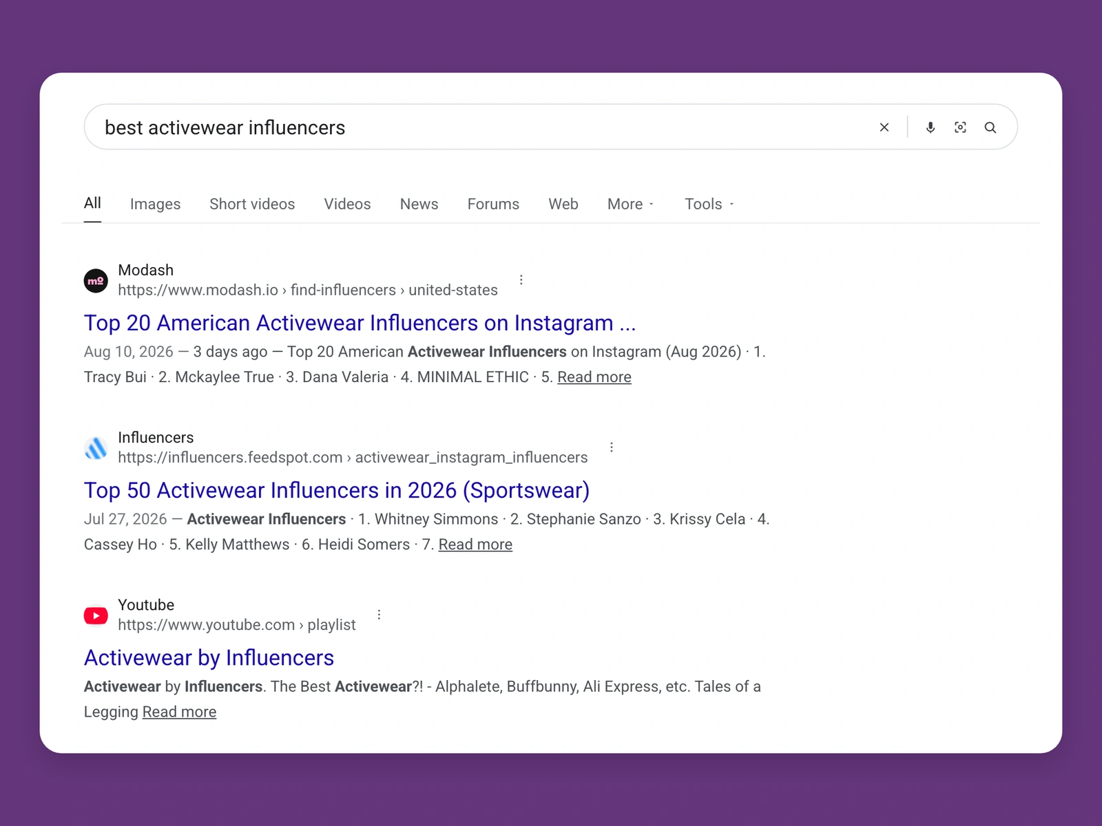 Google results for best activewear bloggers