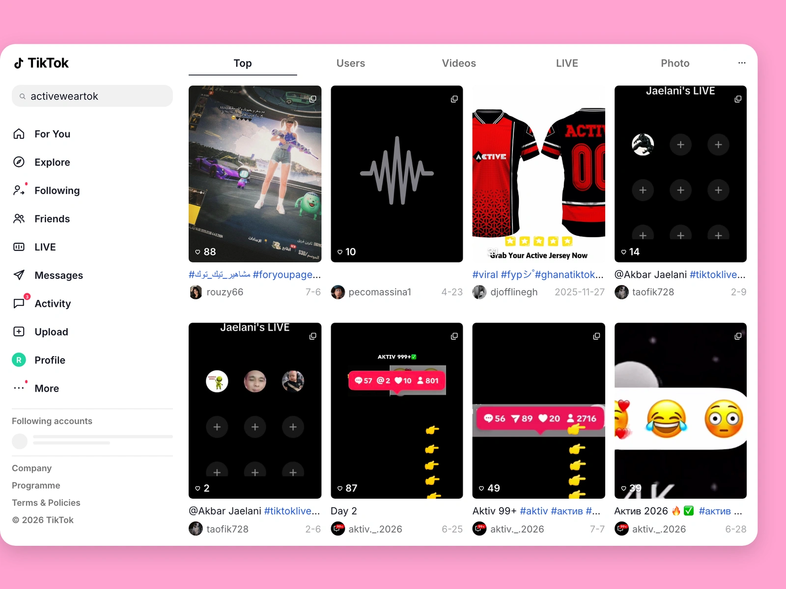 TikTok search results for activewear content