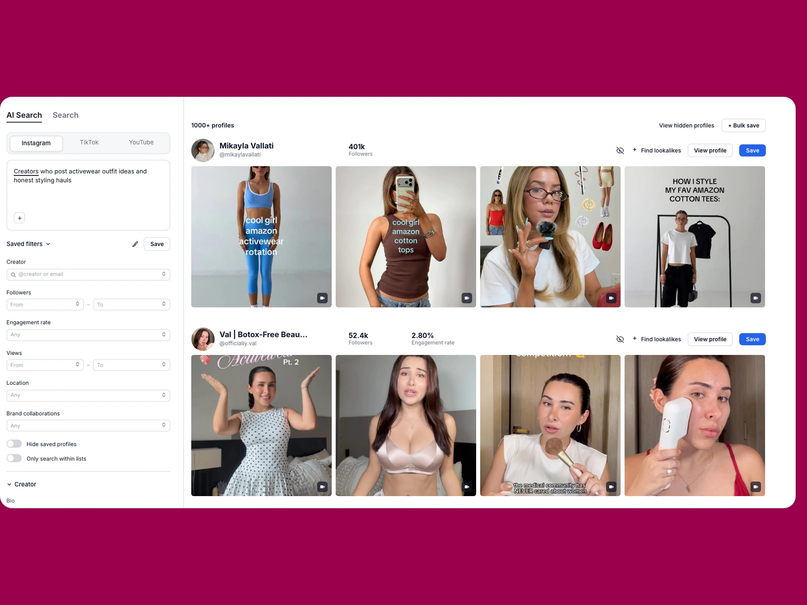 Modash AI search for activewear creators