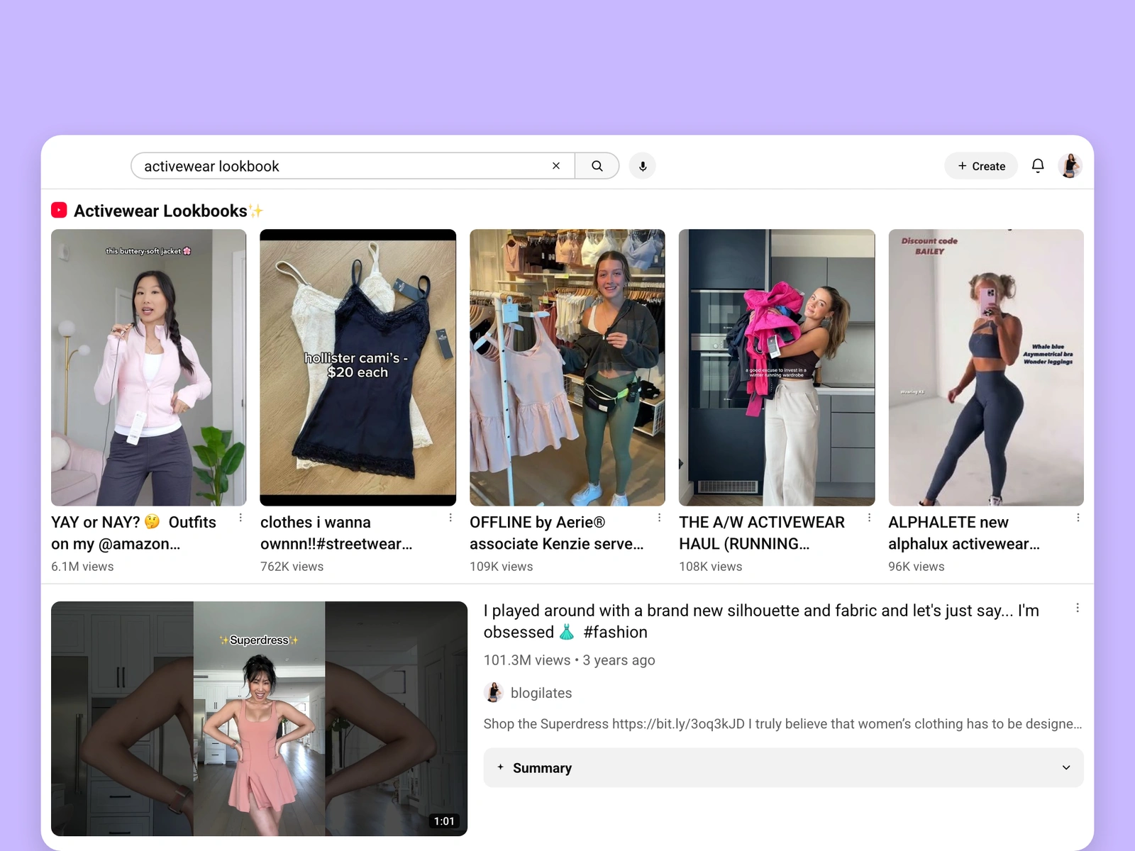 YouTube search results for activewear videos