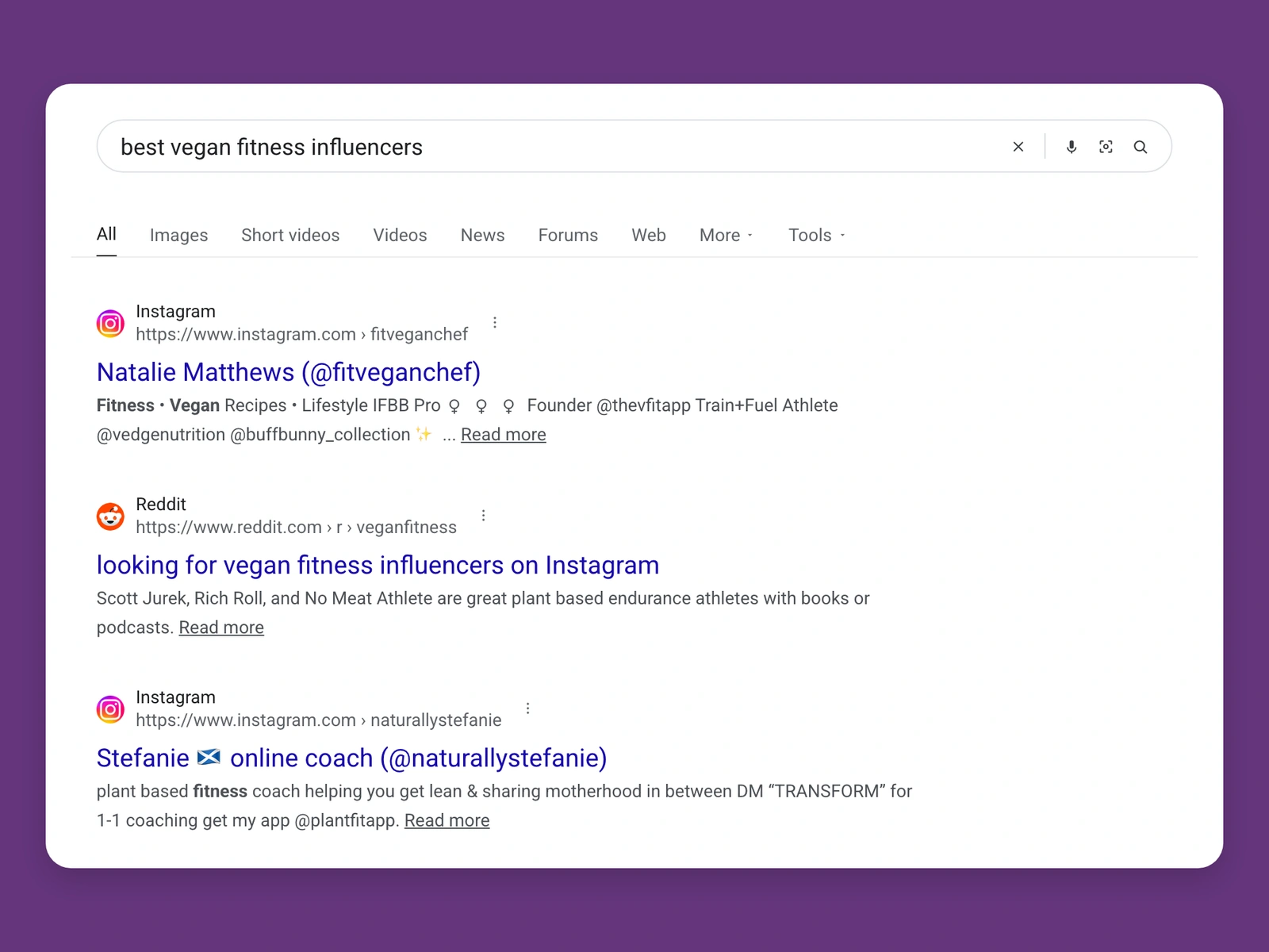 Google results for best vegan fitness bloggers