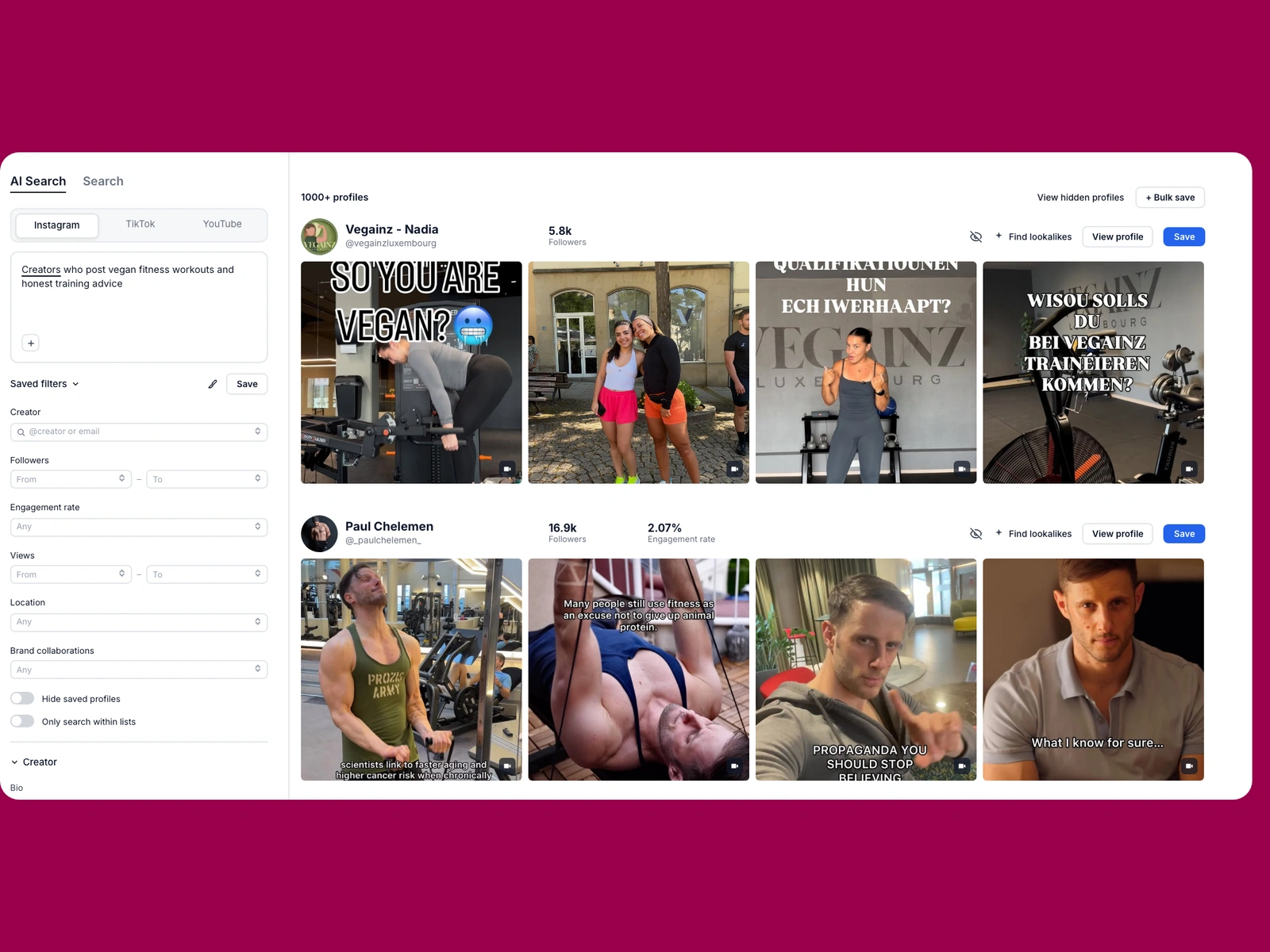 Modash AI search for vegan fitness creators