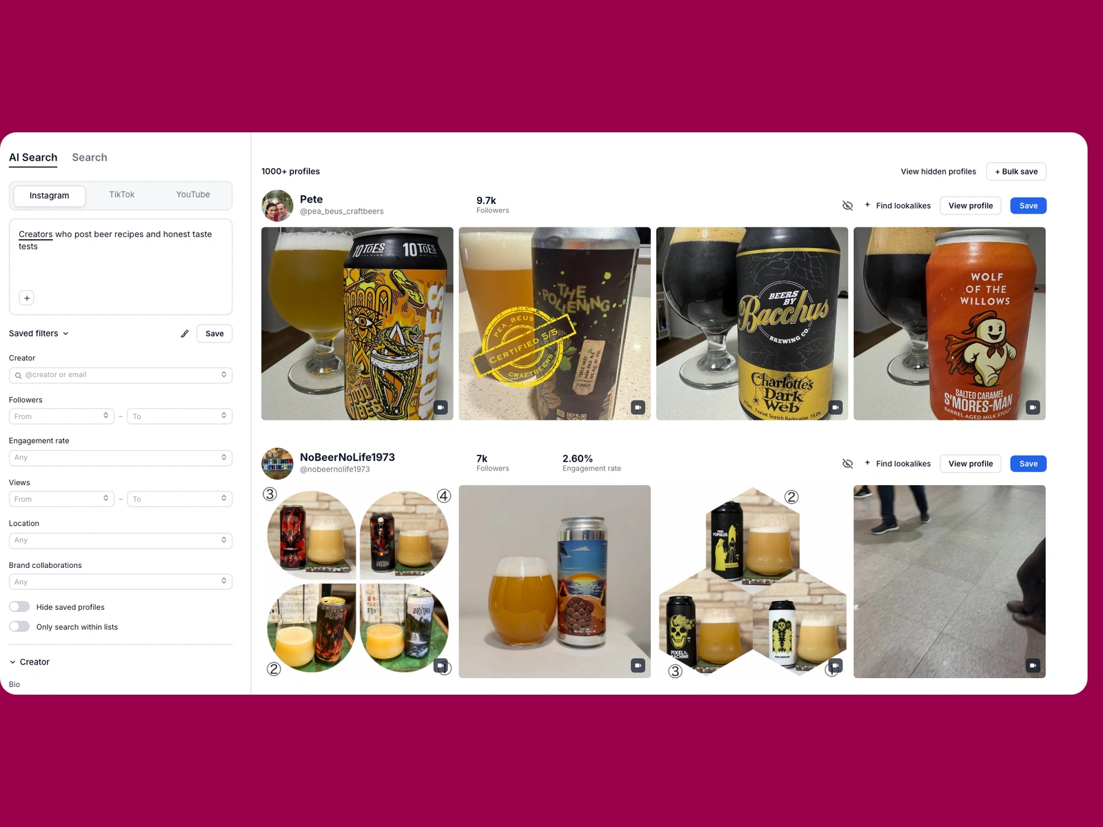 Modash AI search for beer creators