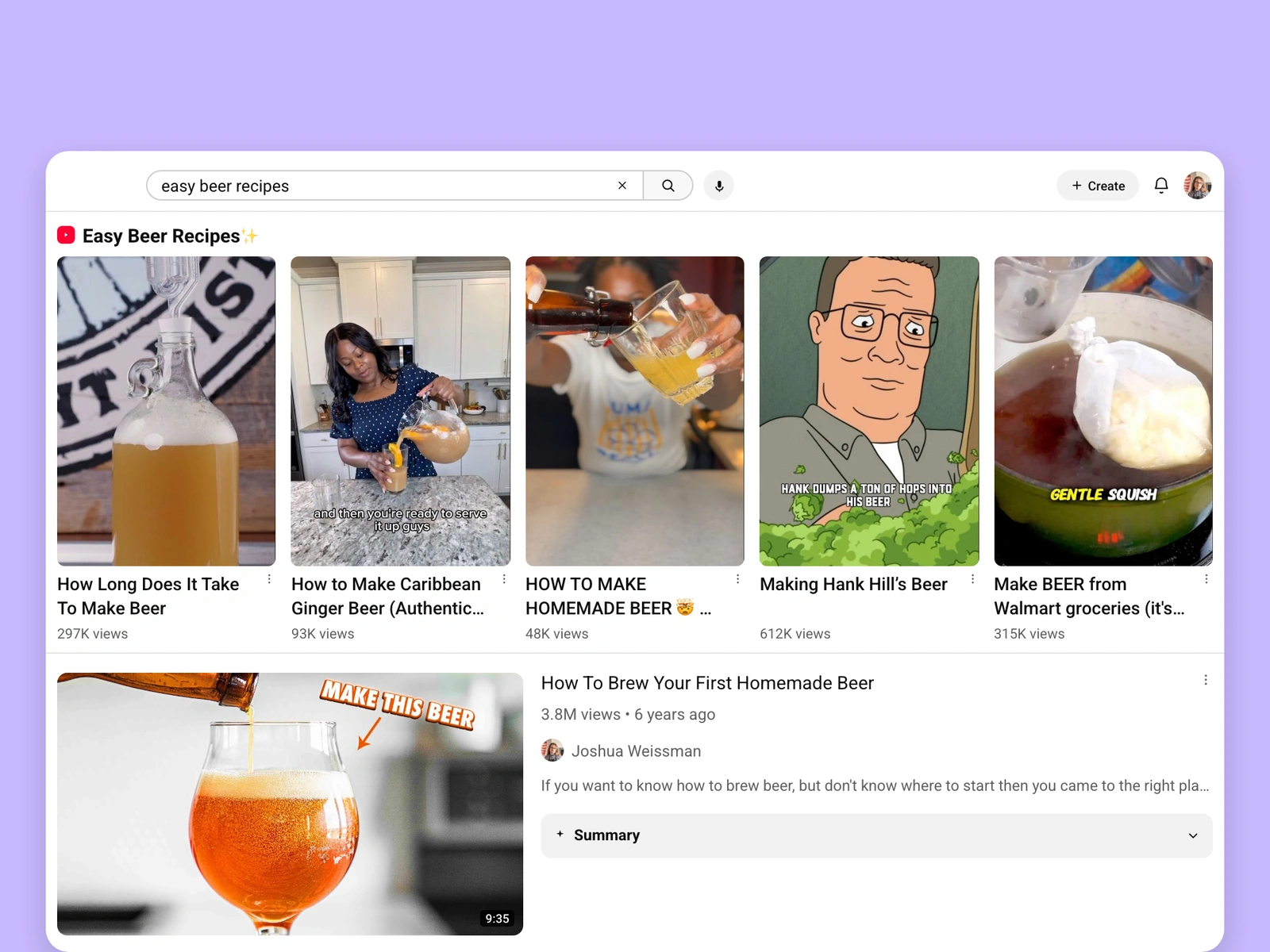 YouTube search results for beer videos