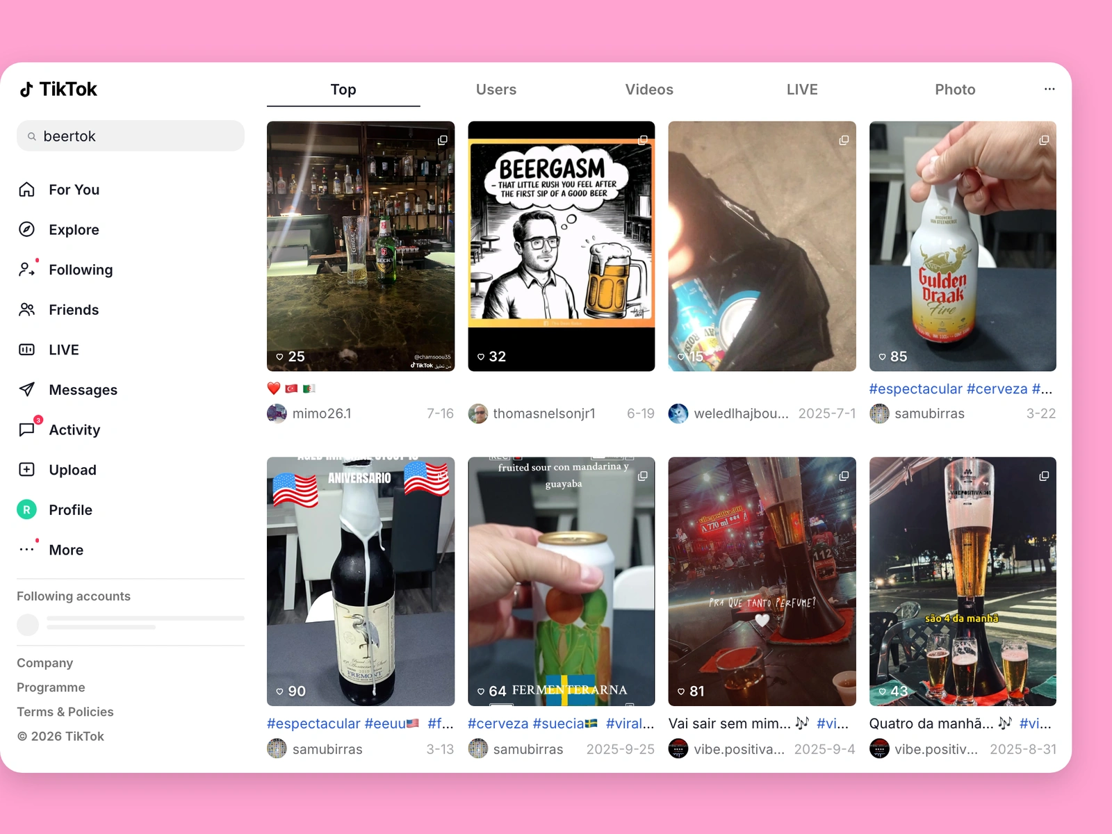 TikTok search results for beer content