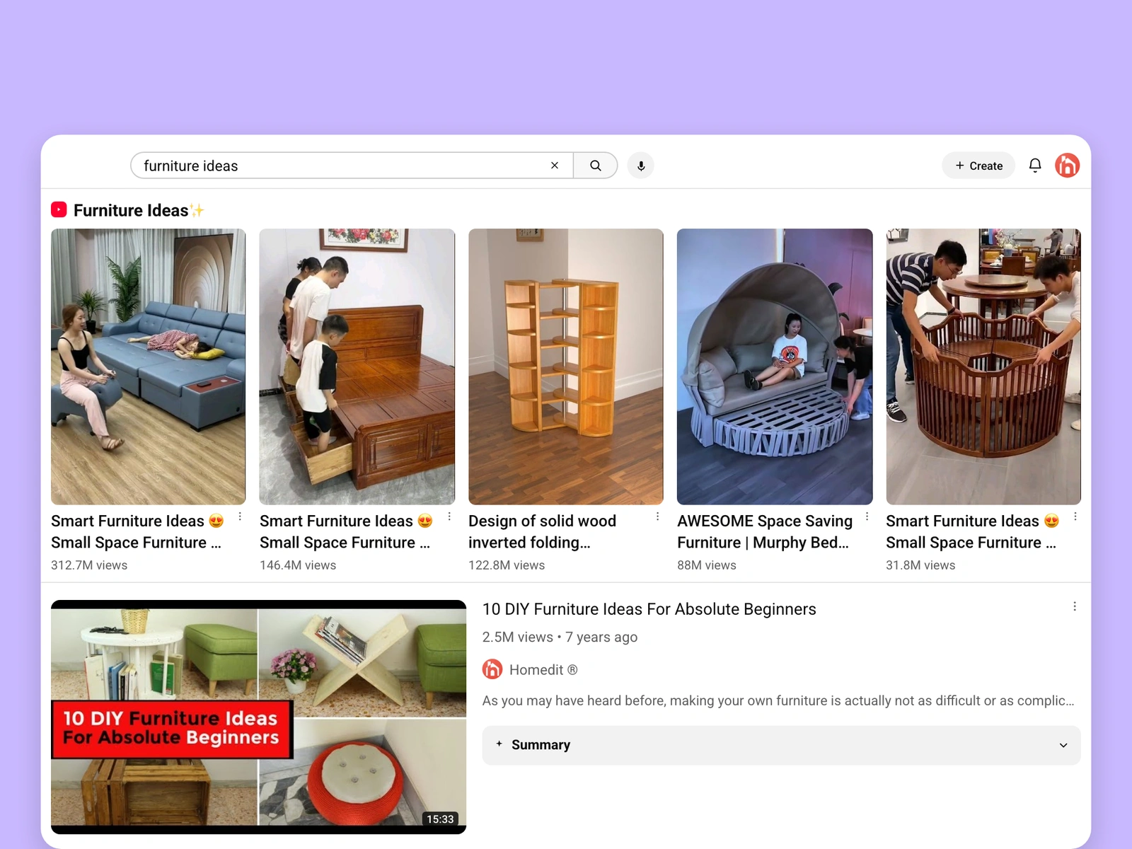 YouTube search results for furniture videos