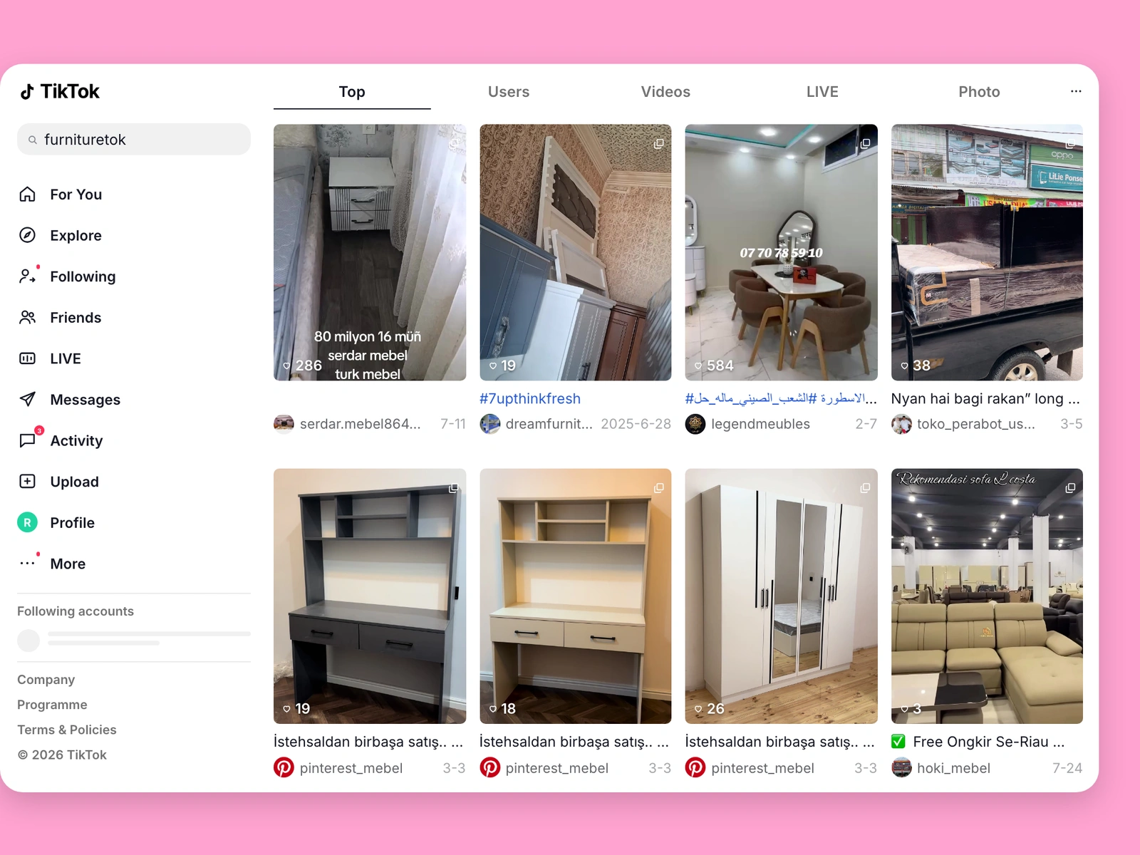 TikTok search results for furniture content