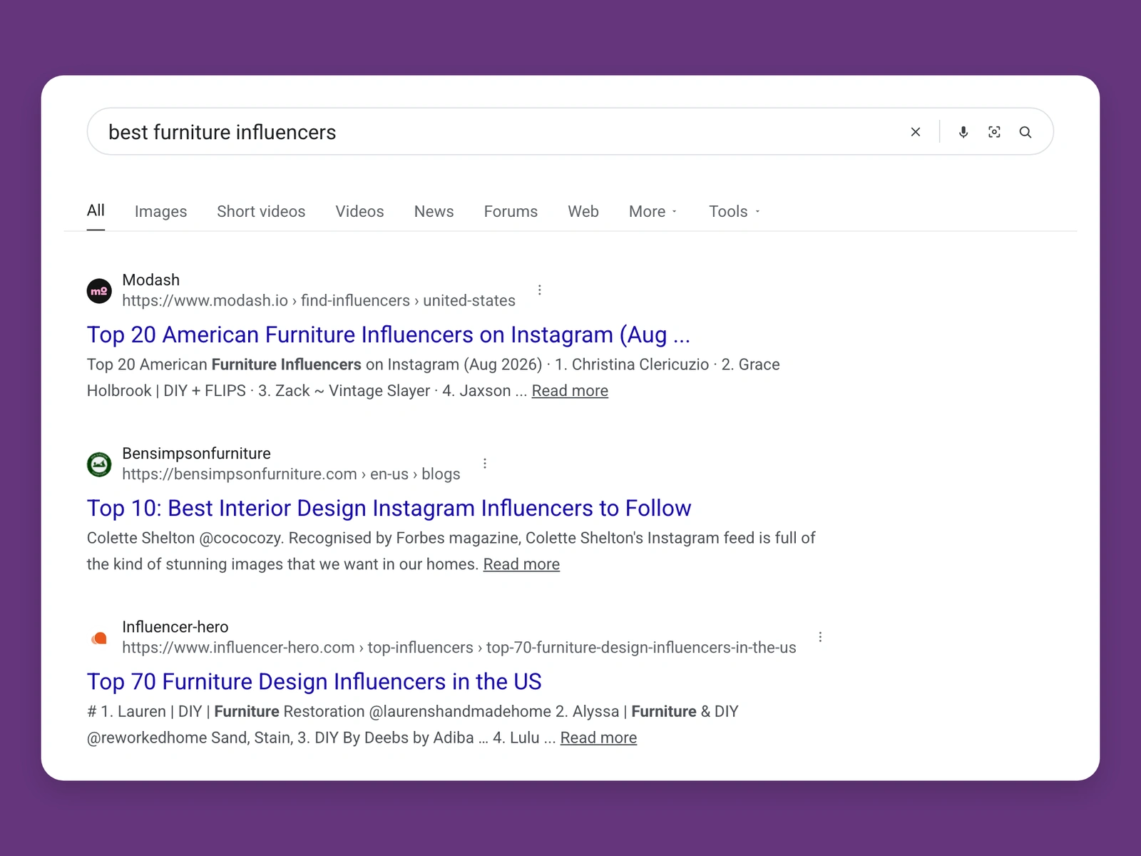 Google results for best furniture bloggers