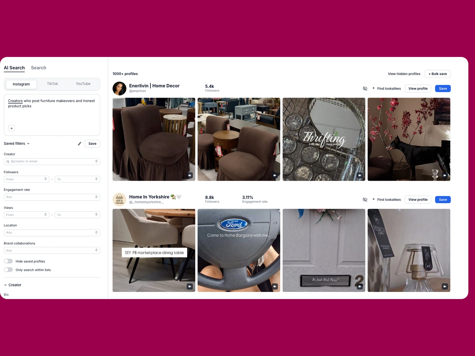 Modash AI search for furniture creators