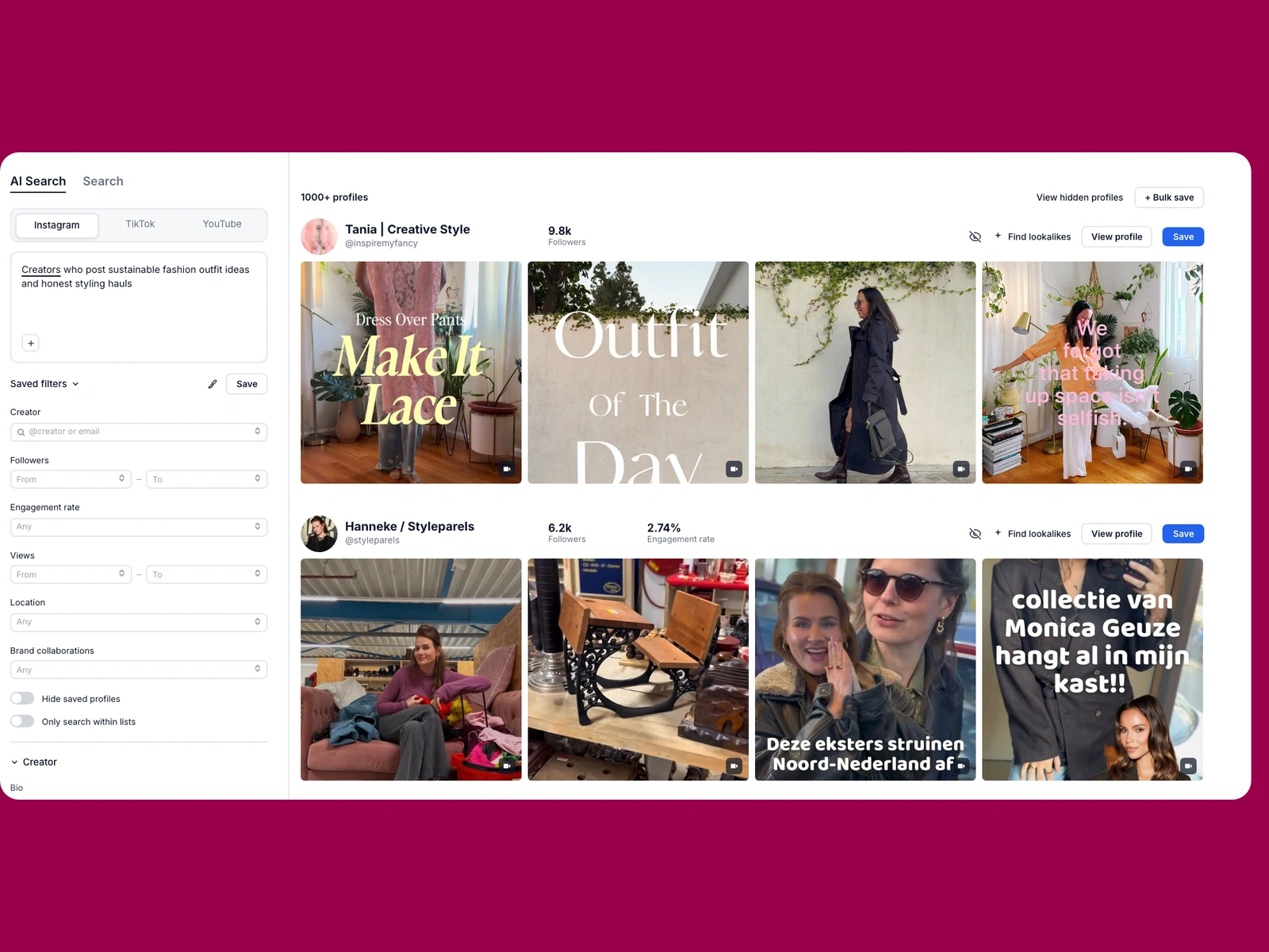 Modash AI search for sustainable fashion creators