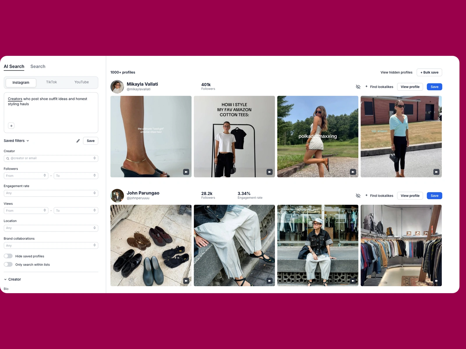 Modash AI search for shoe creators