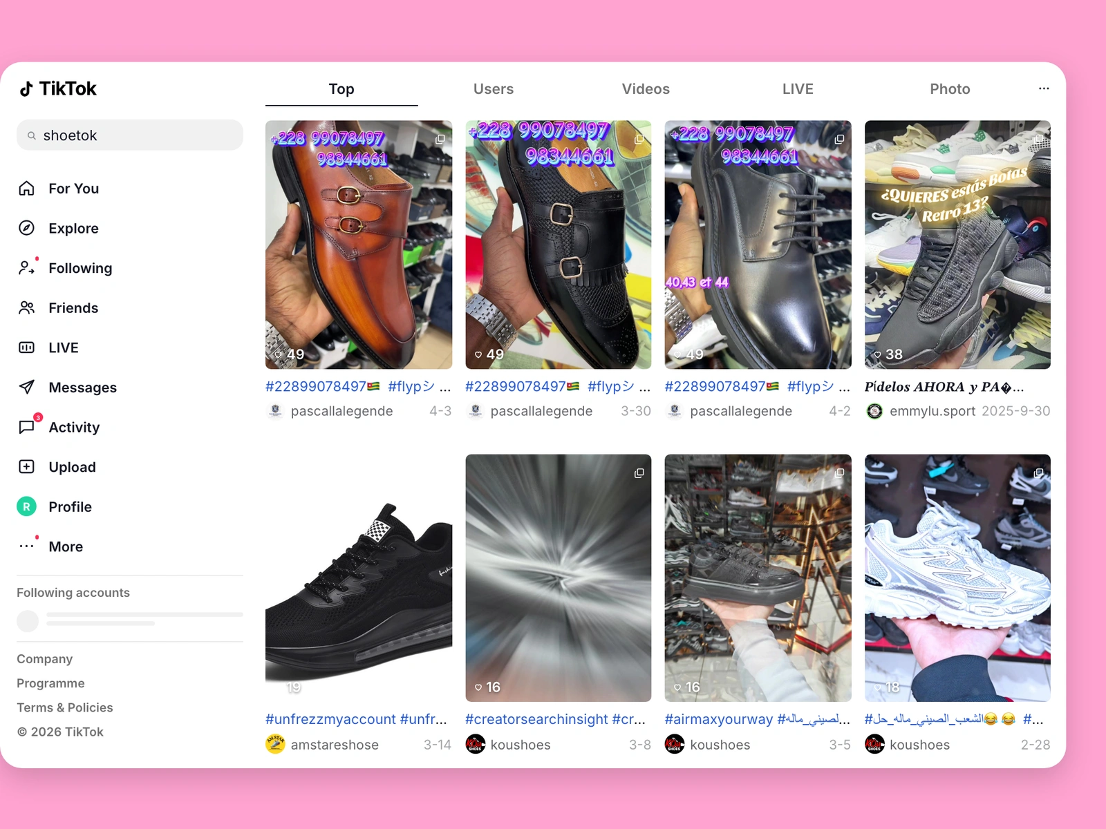 TikTok search results for shoe content
