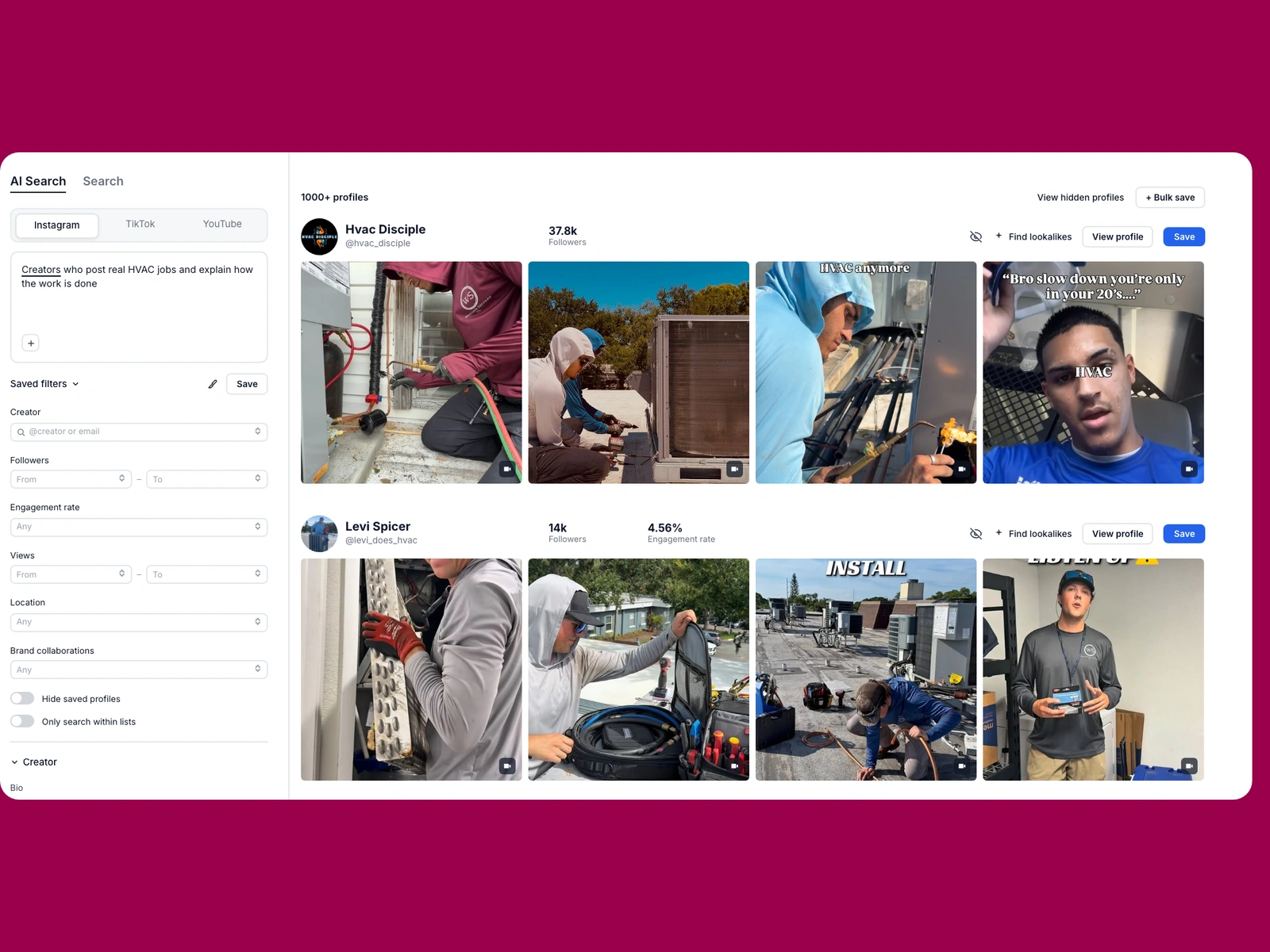 Modash AI search for hvac creators