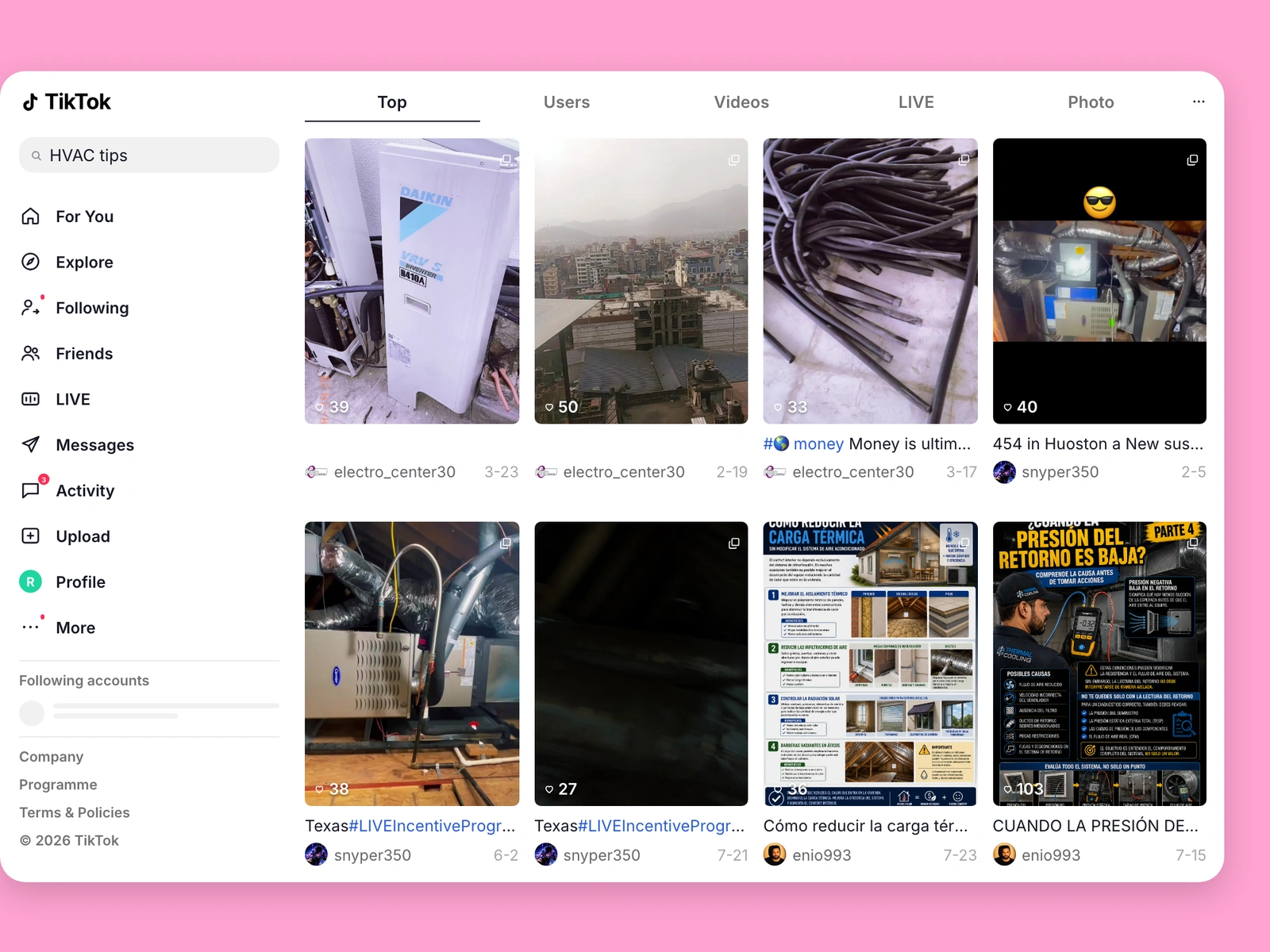 TikTok search results for hvac content