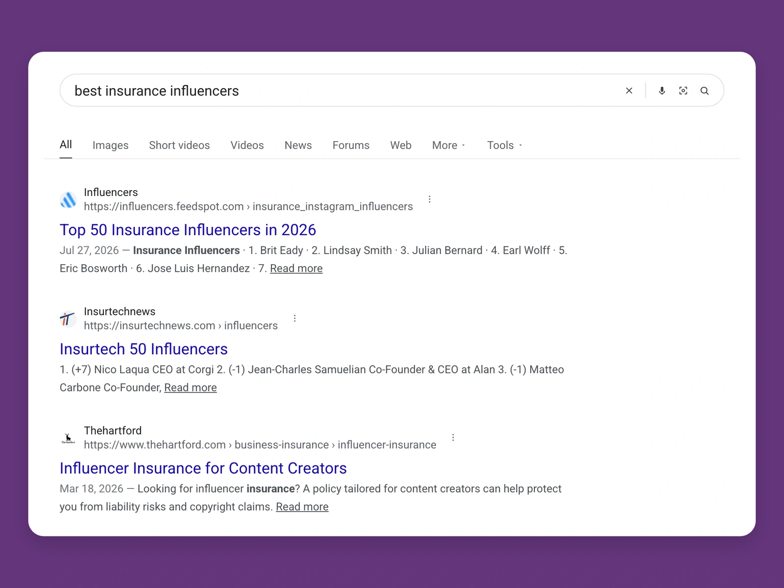 Google results for best insurance bloggers