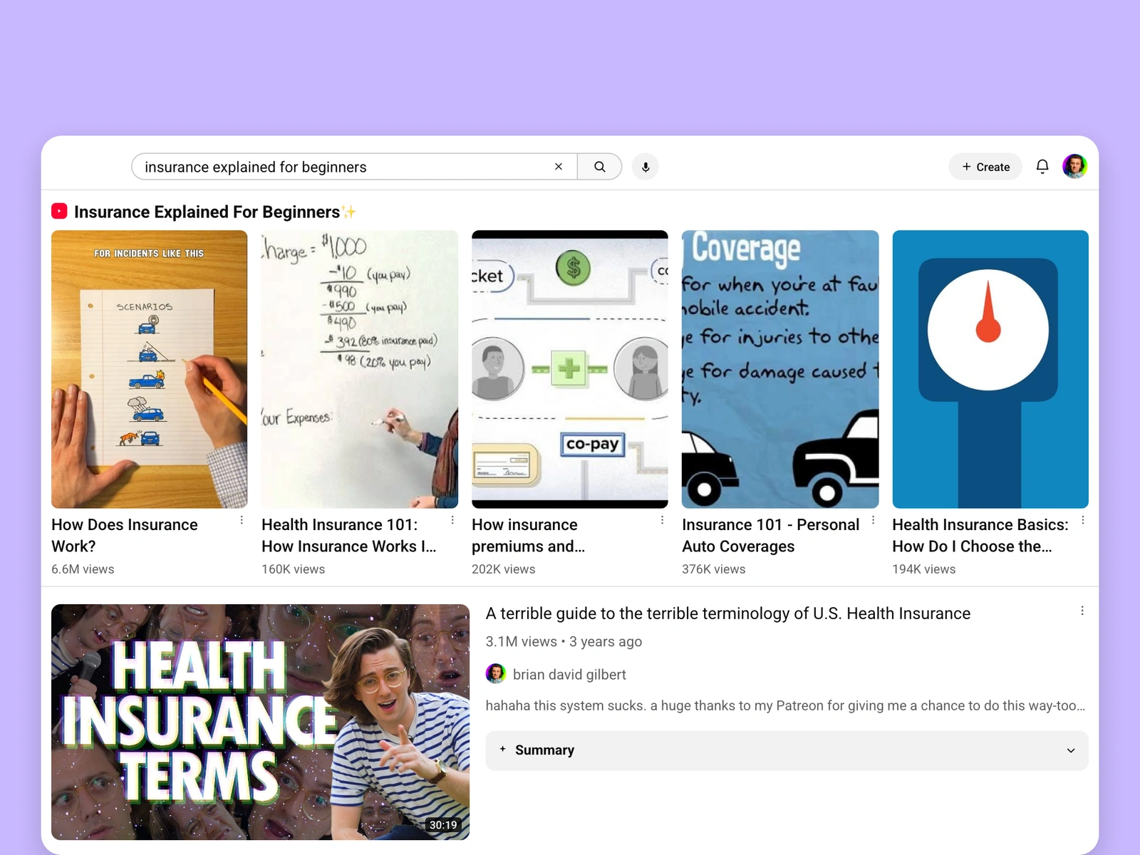YouTube search results for insurance videos