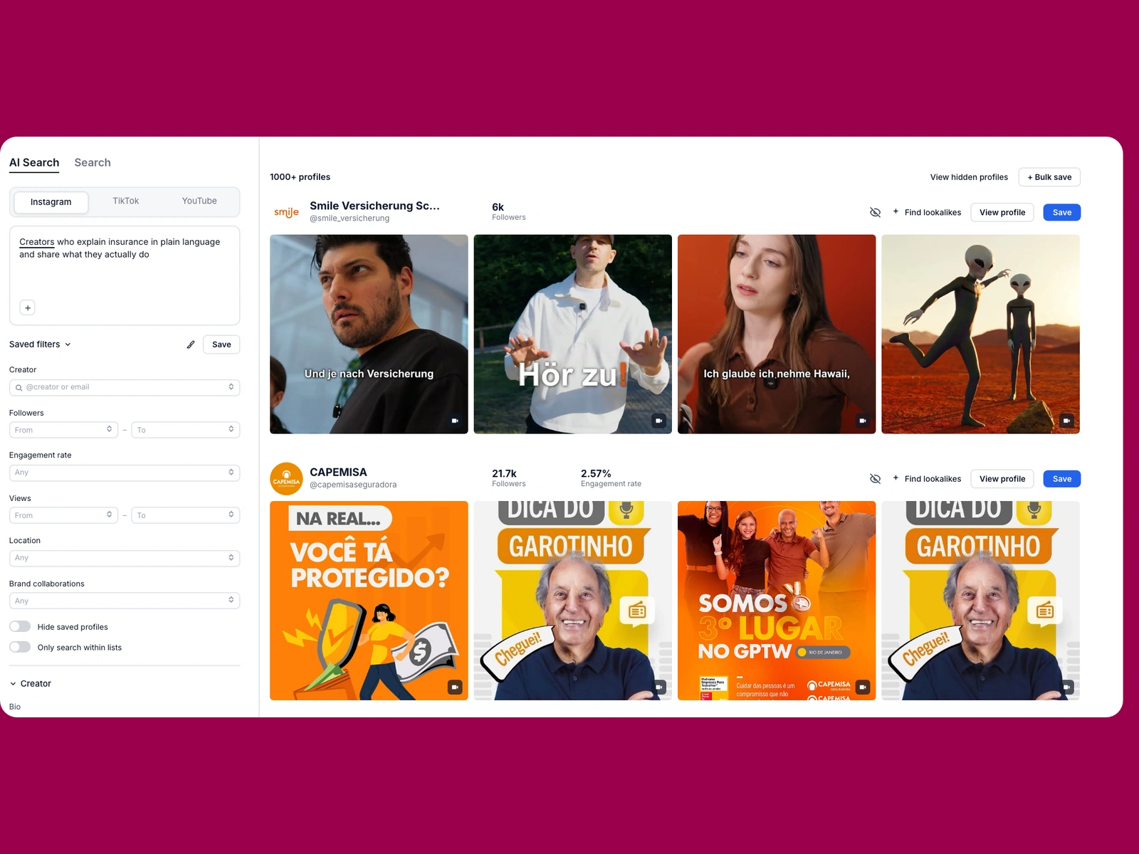Modash AI search for insurance creators