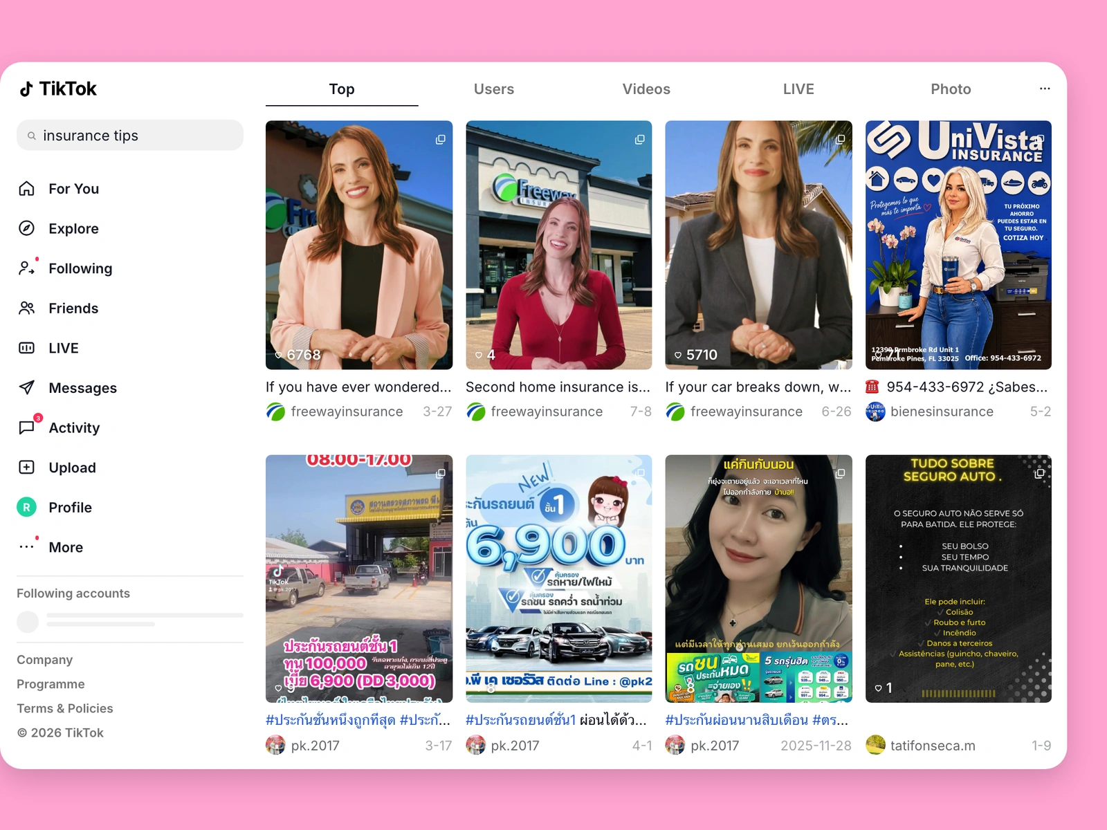 TikTok search results for insurance content