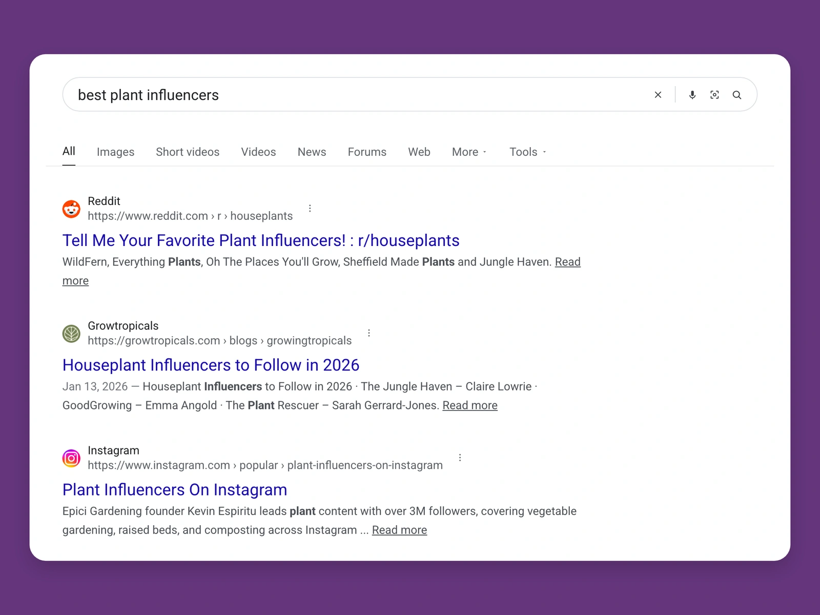 Google results for best plant bloggers