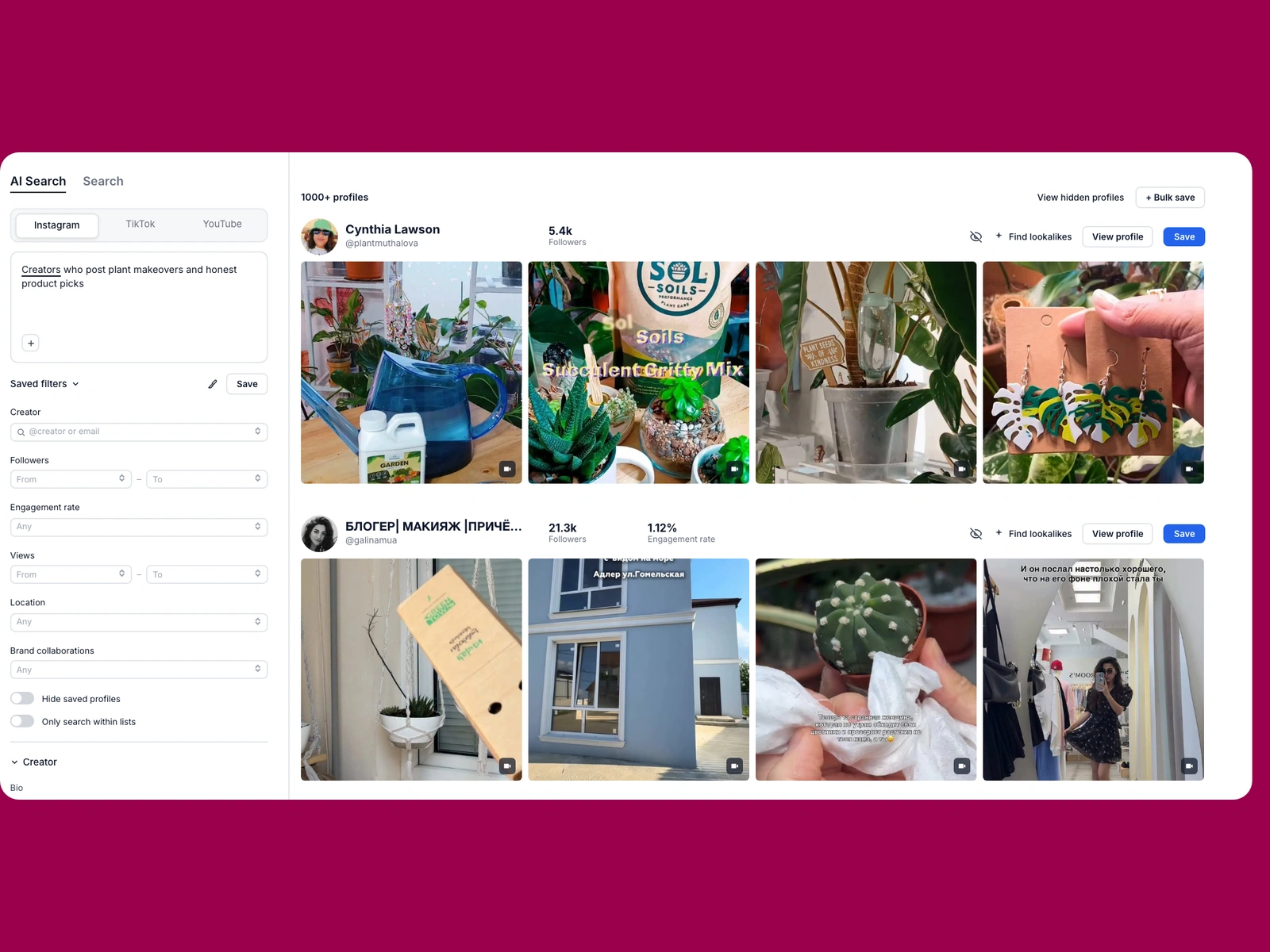 Modash AI search for plant creators