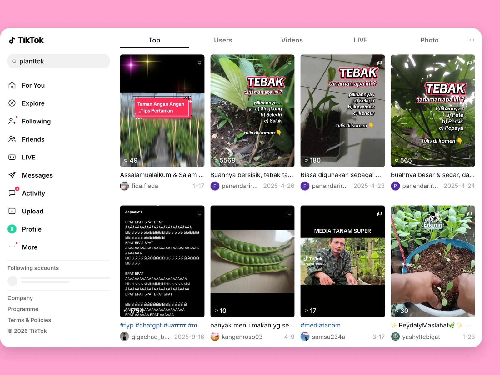 TikTok search results for plant content